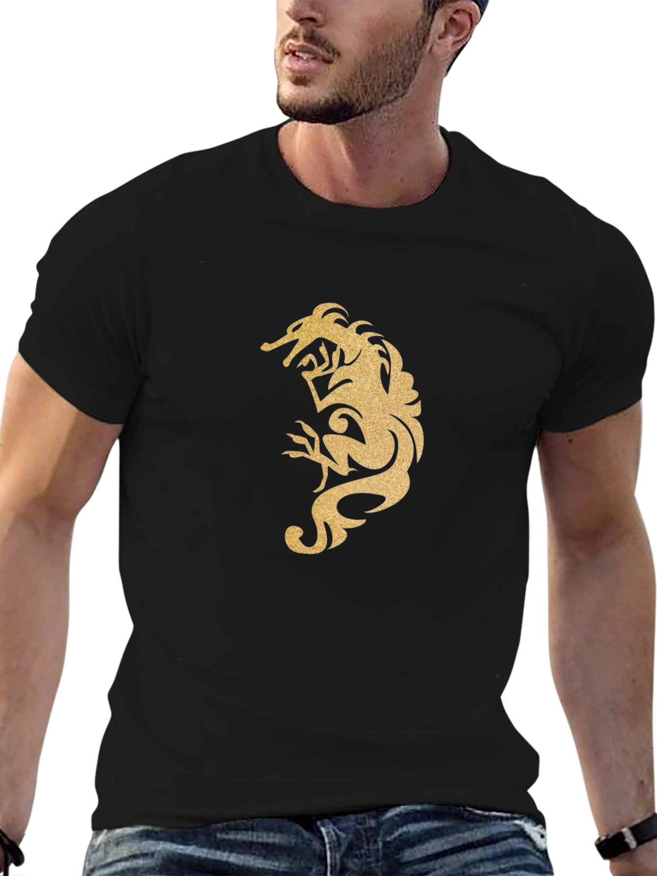 Black Men's Black T-Shirt with Gold Dragon Design view 6