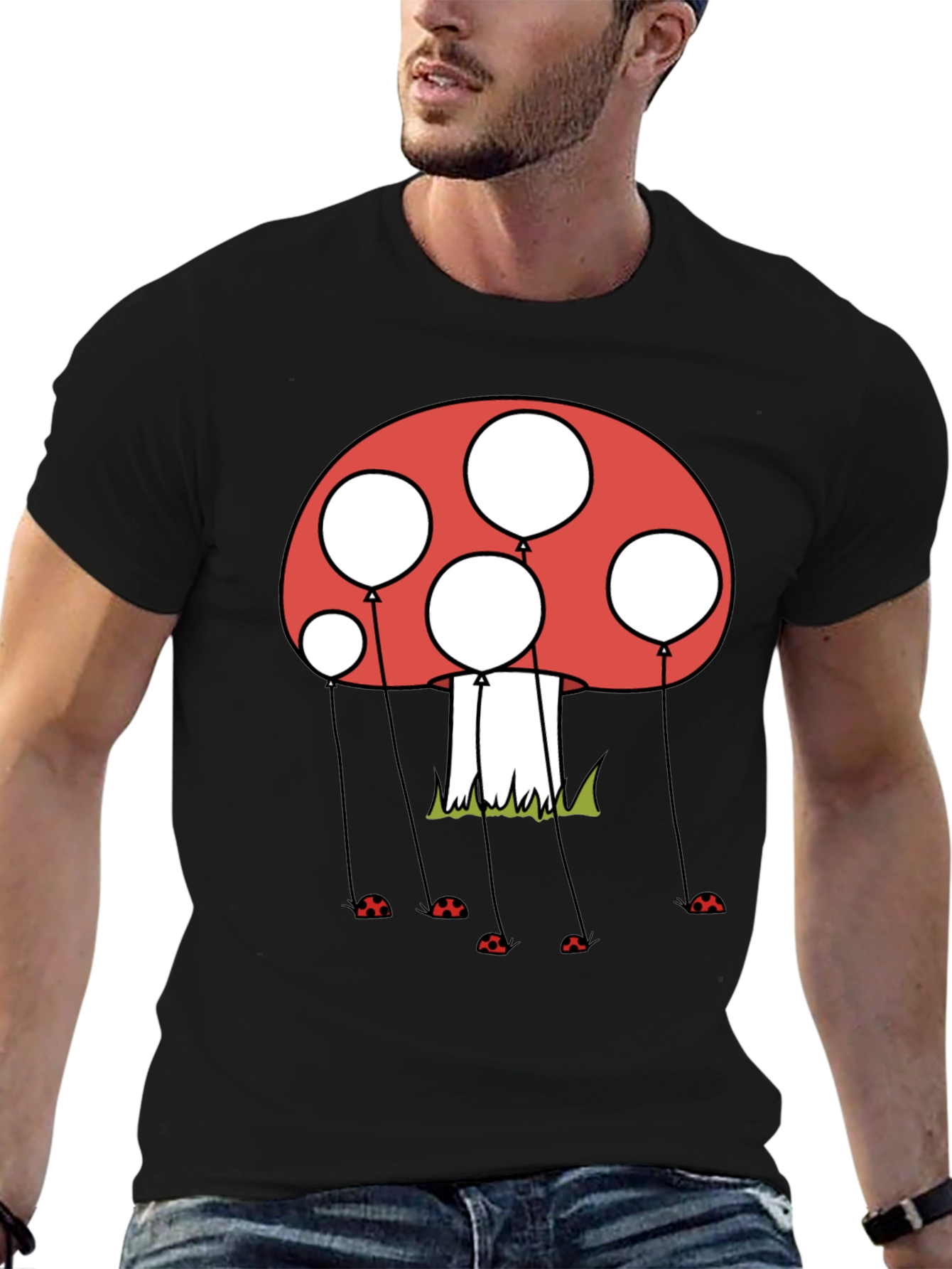 Black Mushroom Balloon Graphic Tee - Black Cotton Blend view 6