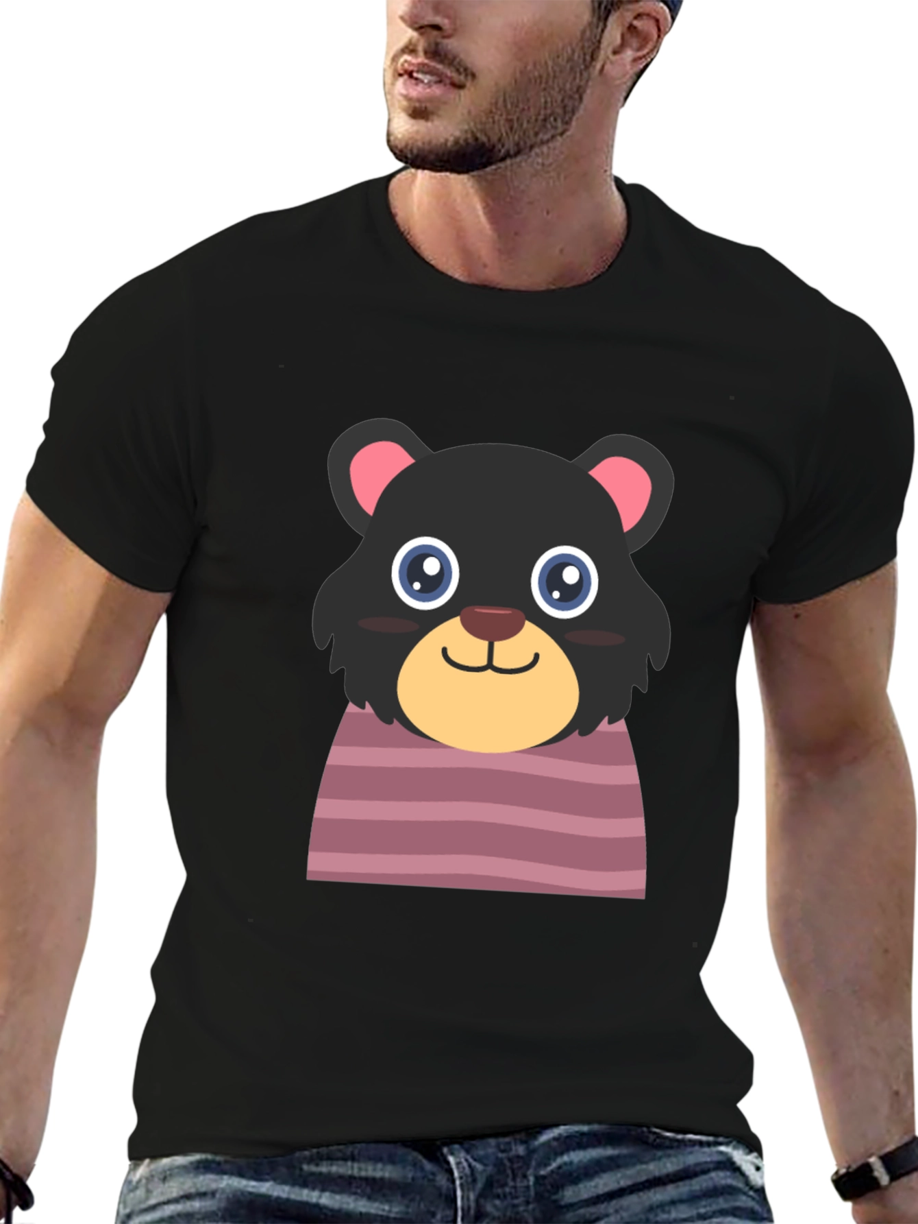 Black Cute Cartoon Bear Black T-Shirt view 6