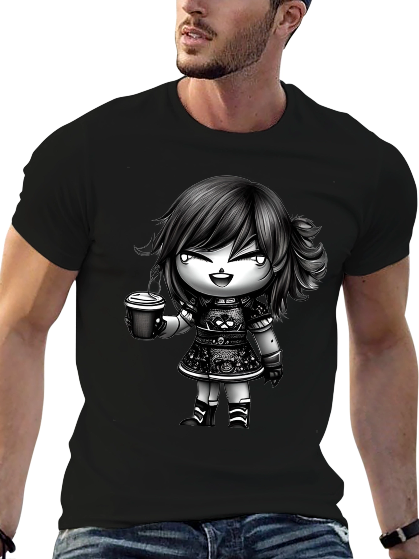 Black Anime Girl Coffee T-Shirt - Stylish Graphic Tee view 6