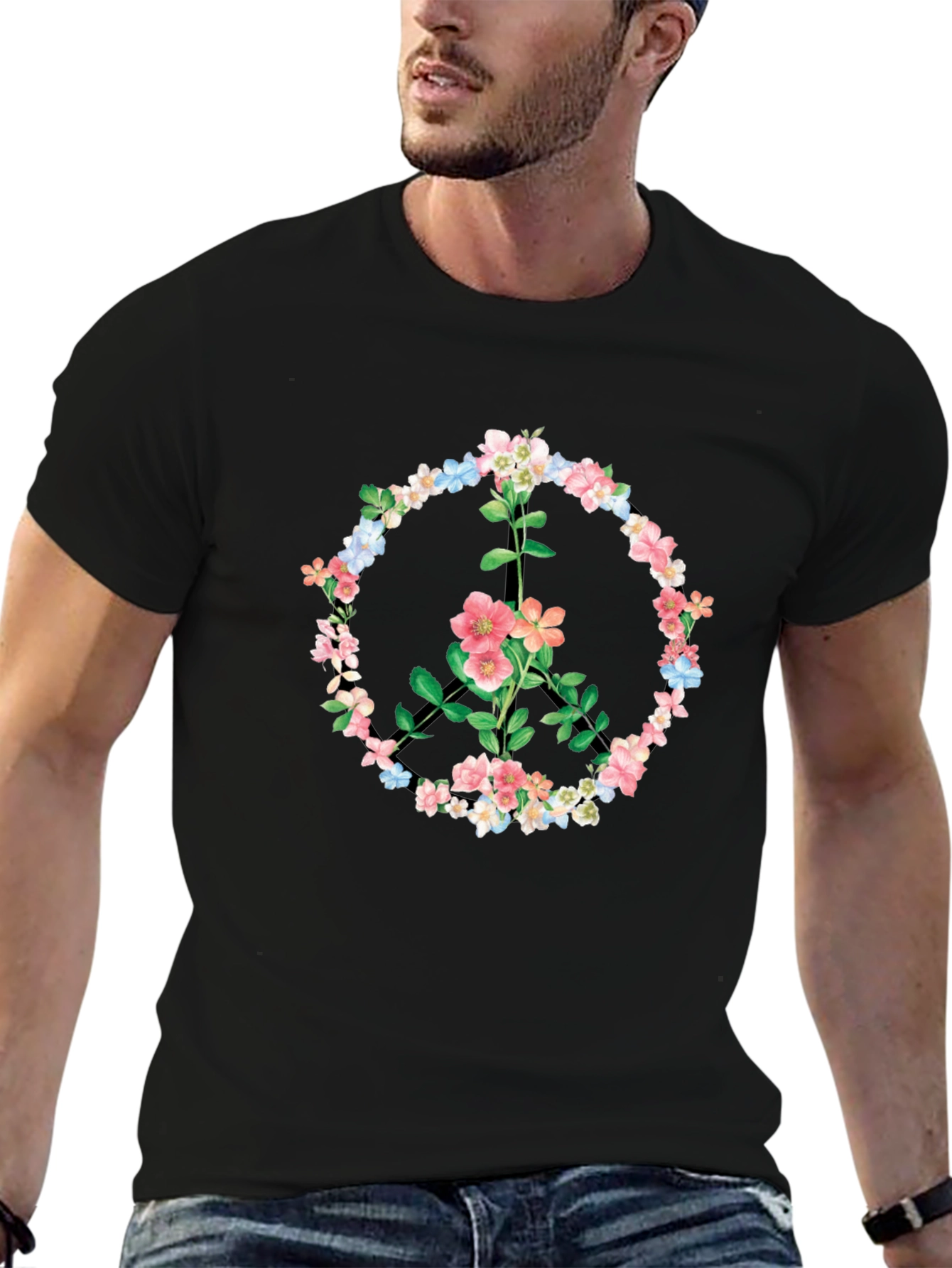 Black Floral Peace Sign Graphic T-Shirt - Black view 6