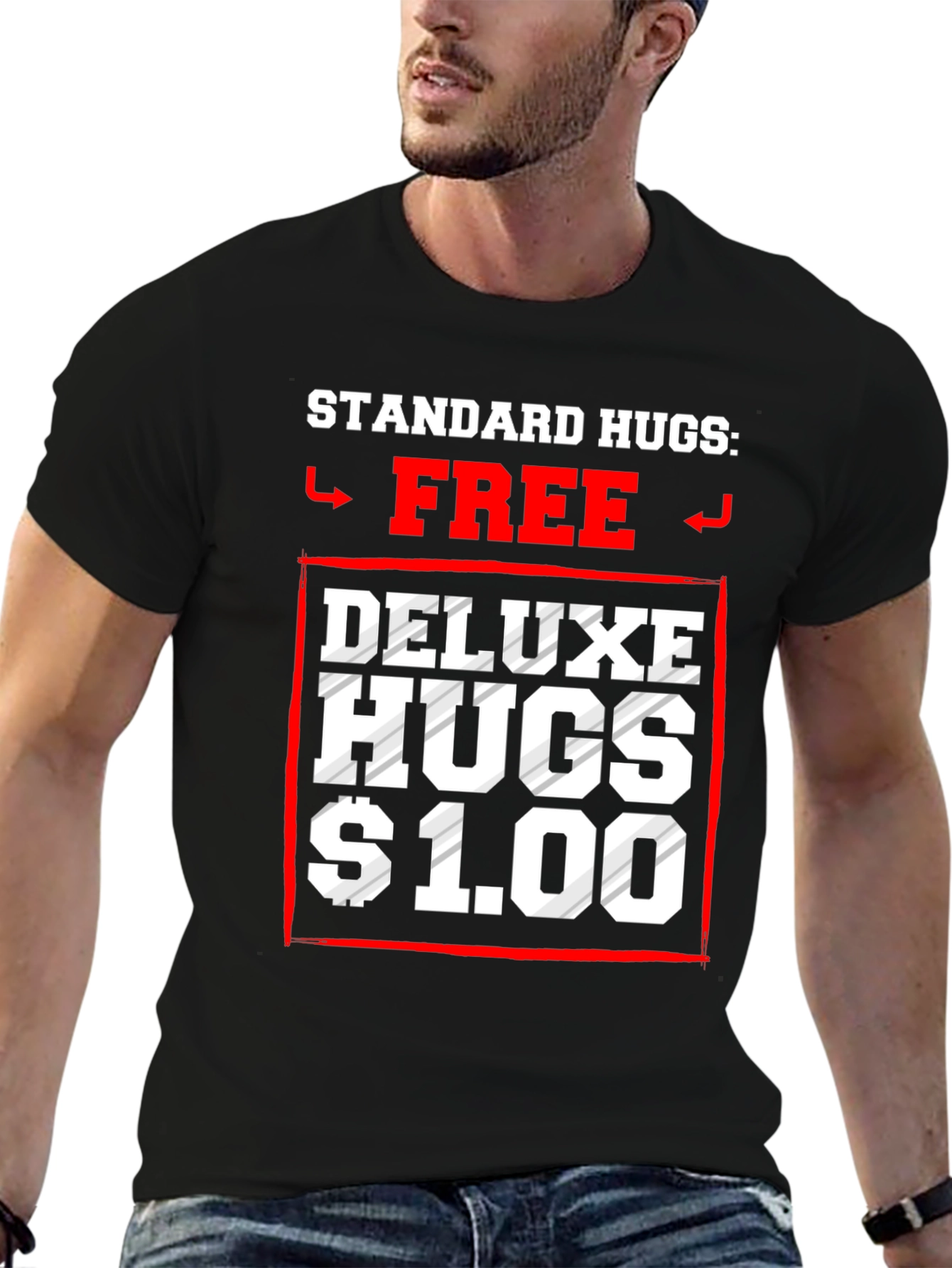Black Standard Hugs Free, Deluxe Hugs $1.00 T-Shirt view 6