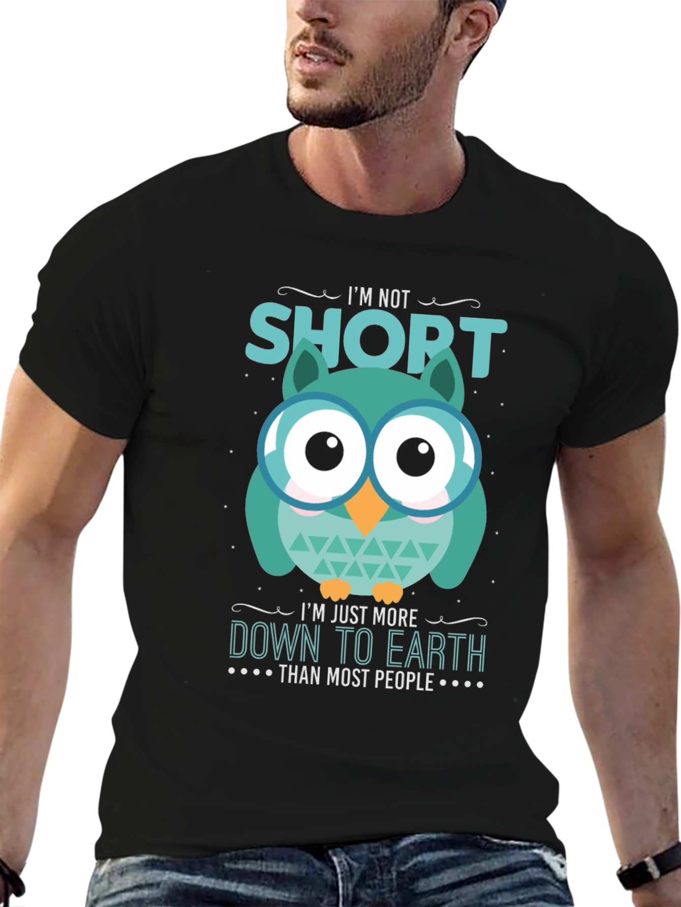 Black Funny Owl T-Shirt: I'm Not Short, Down to Earth view 6