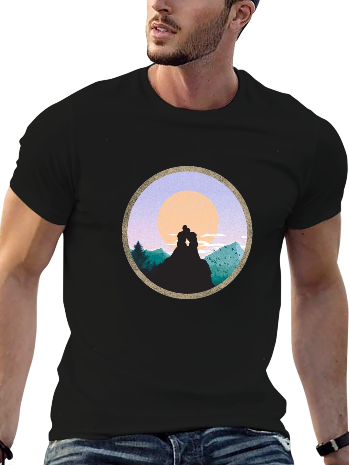 Black Romantic Sunset Mountain T-Shirt view 6