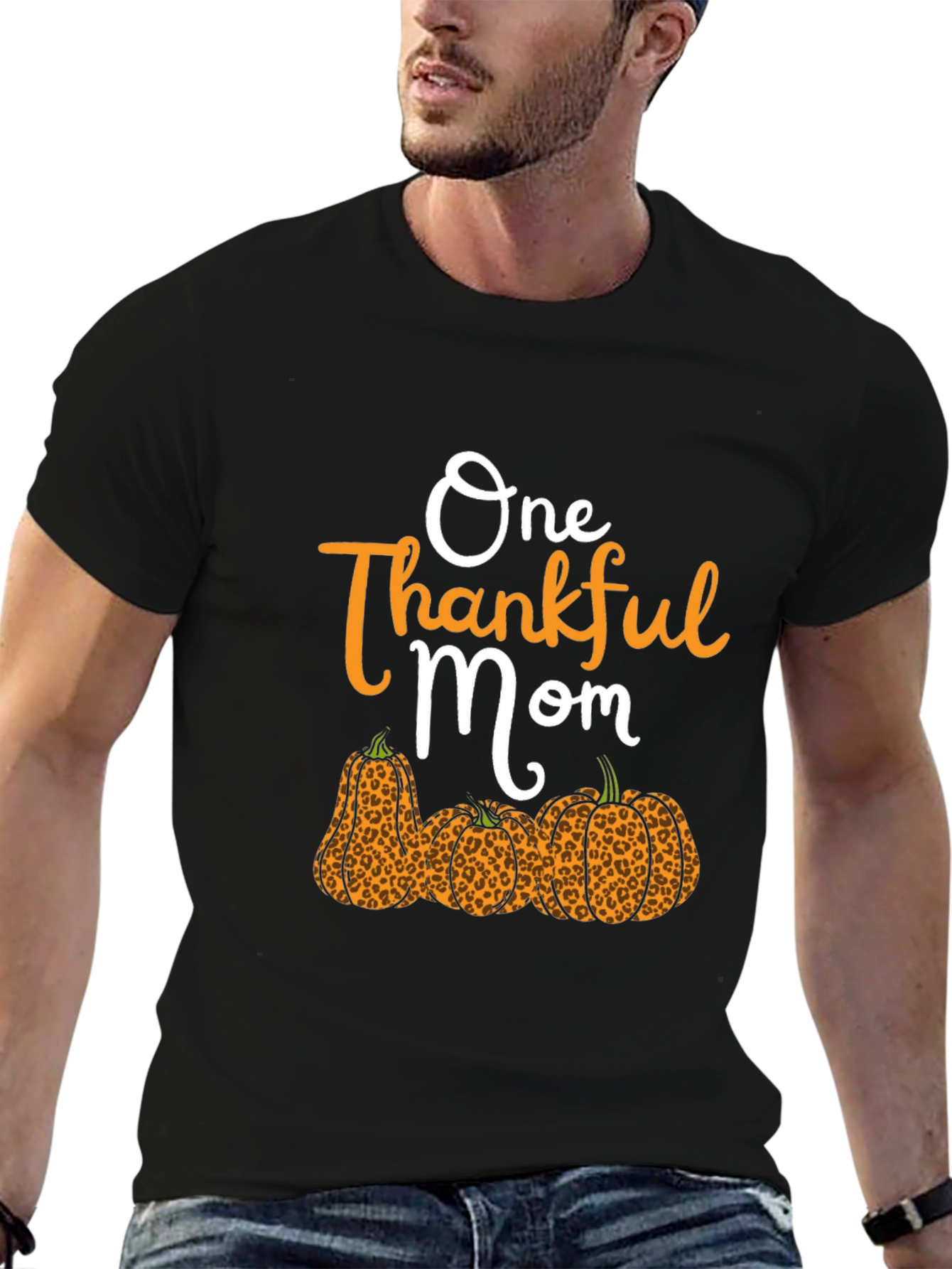 Black One Thankful Mom Leopard Pumpkin T-Shirt view 6