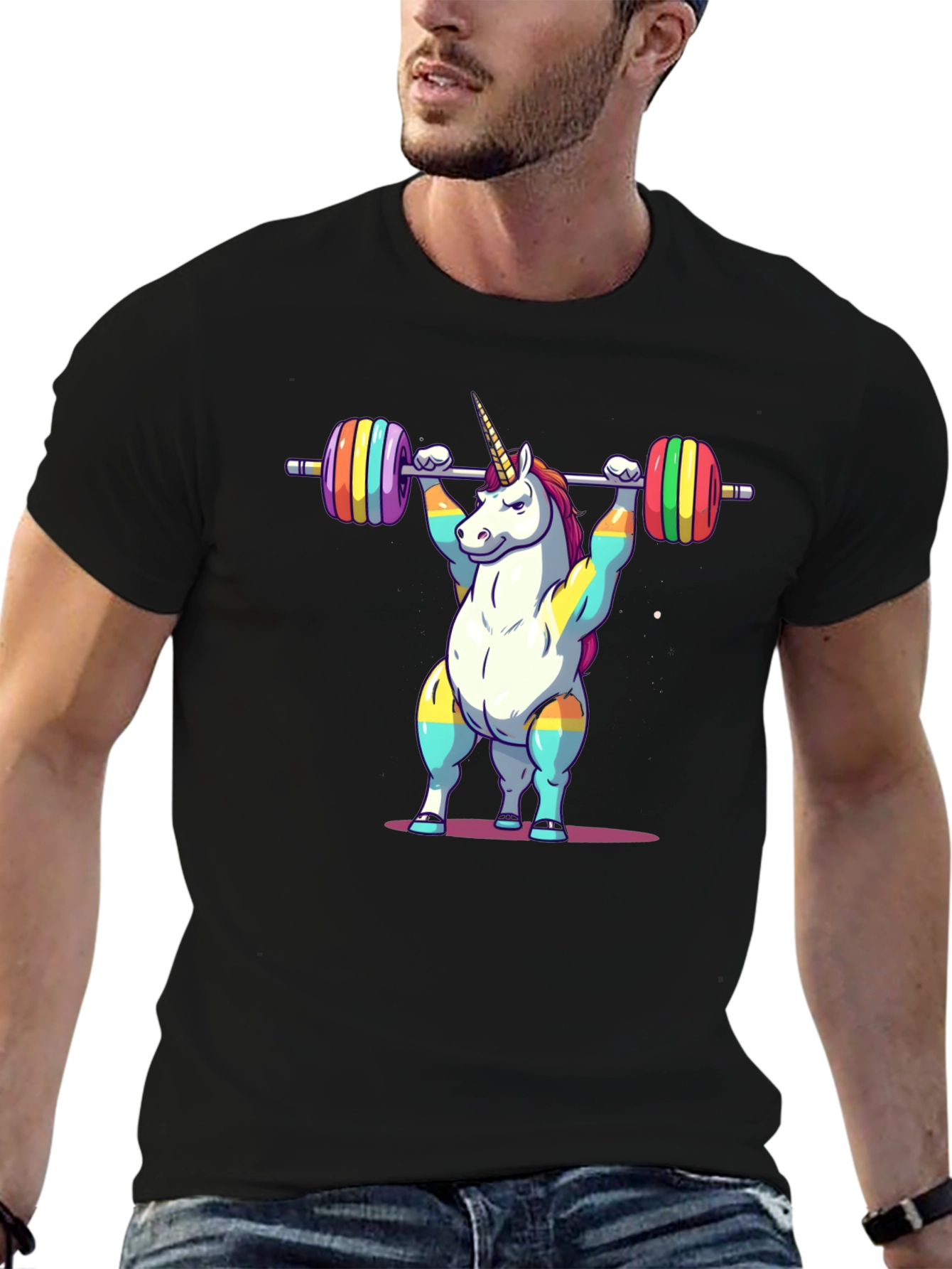 Black Unicorn Weightlifter T-Shirt - Rainbow Barbell Design view 6