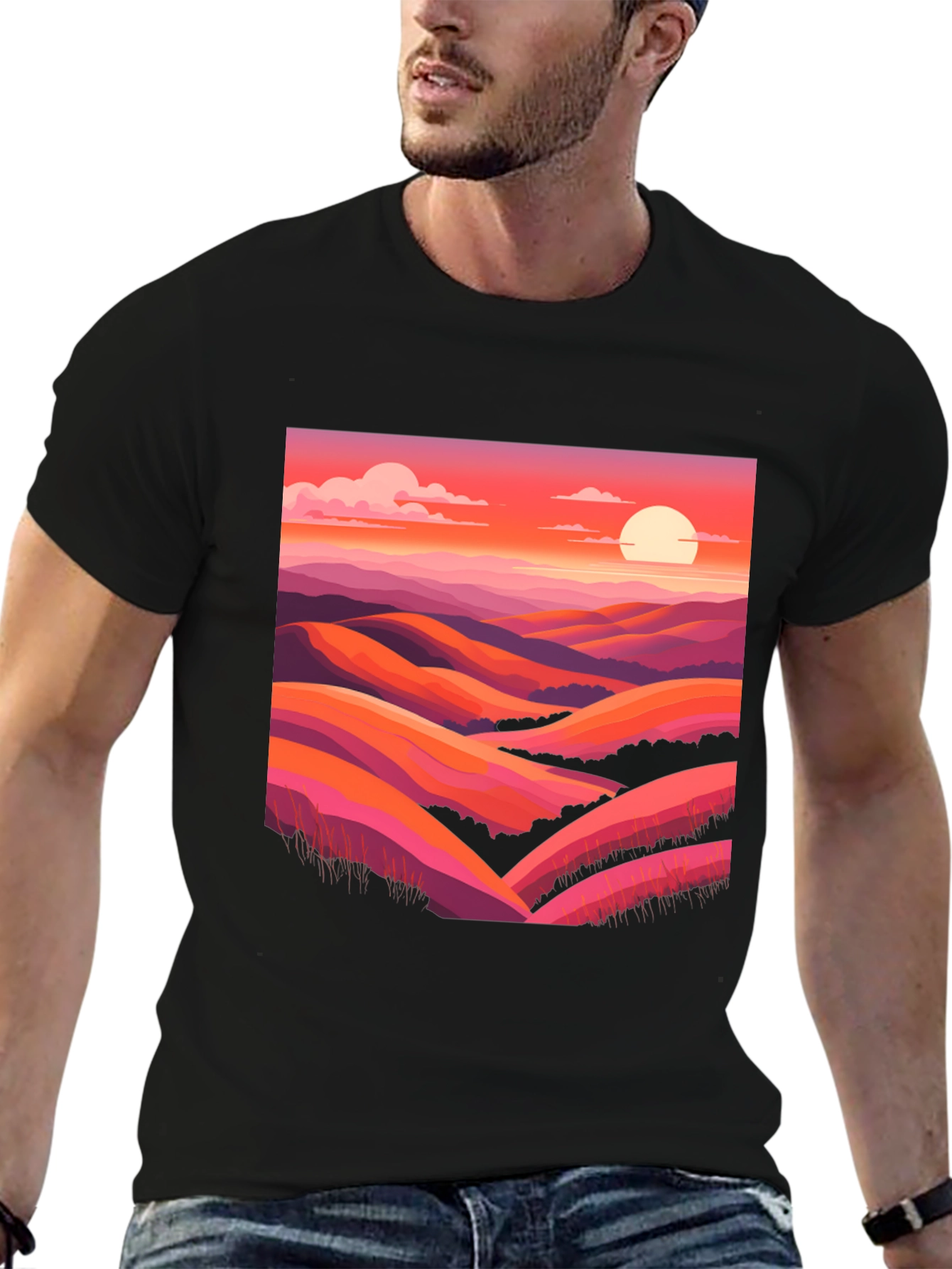 Black Sunset Hills Graphic Tee - Retro Landscape Shirt view 6