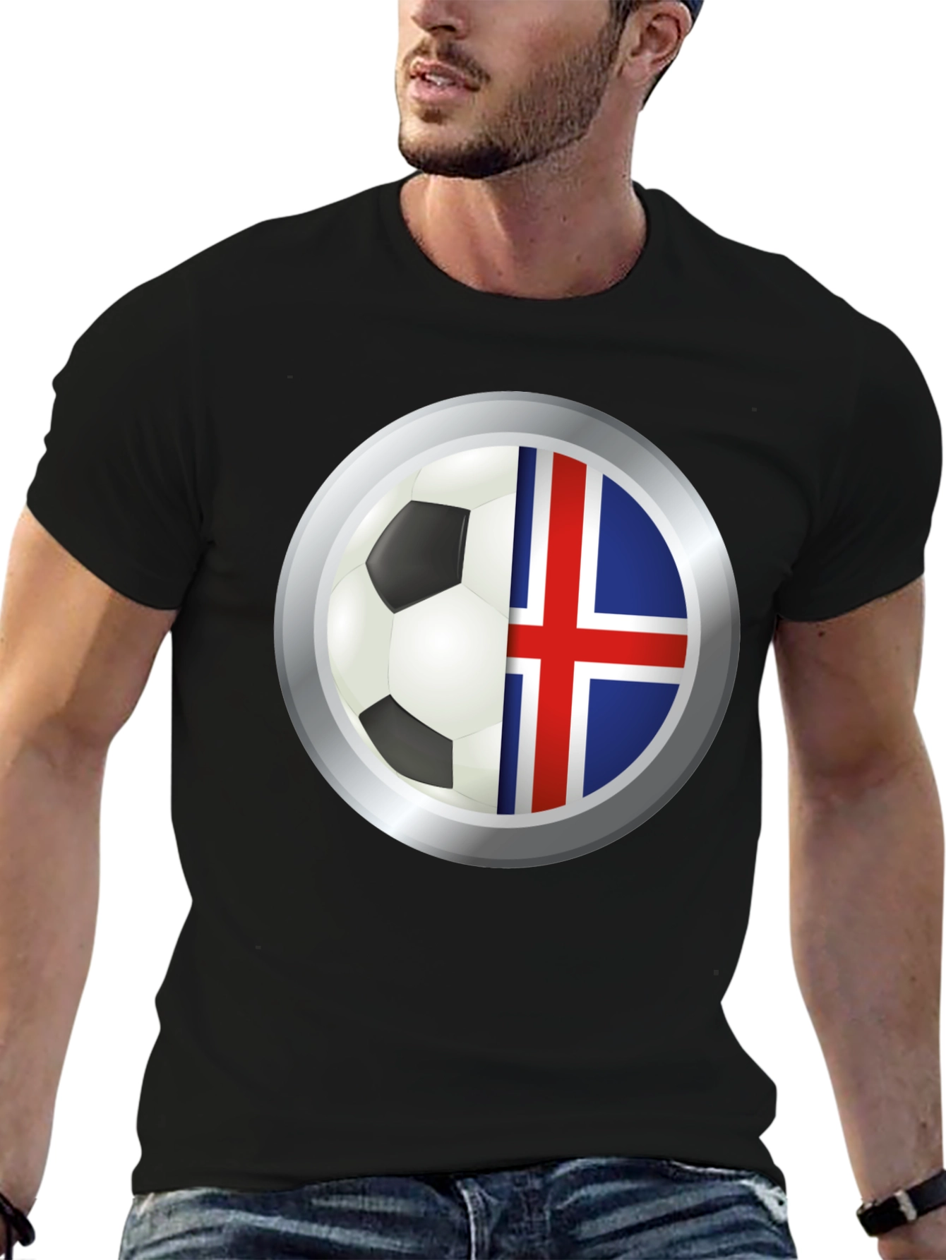 Black Iceland Flag Soccer Ball Graphic T-Shirt view 6