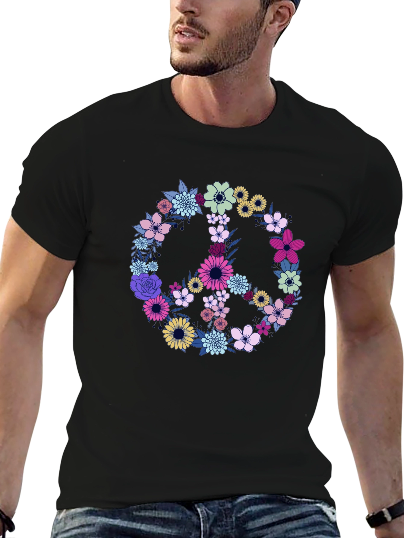 Black Floral Peace Sign Graphic T-Shirt view 6