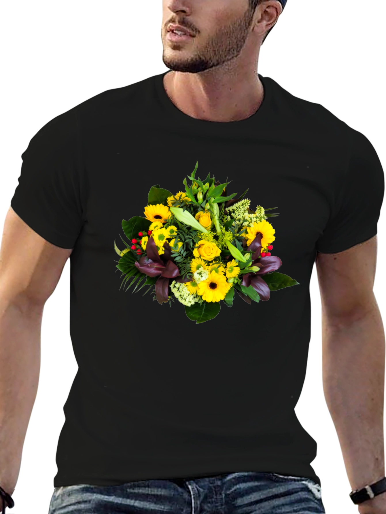 Black Floral Bouquet Graphic Tee - Unisex Black T-Shirt view 6