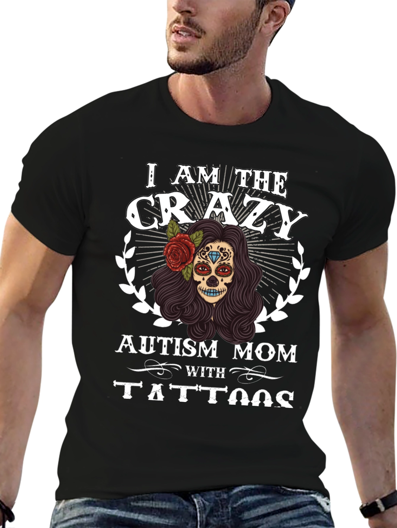 Black Crazy Autism Mom T-Shirt Sugar Skull Design view 6