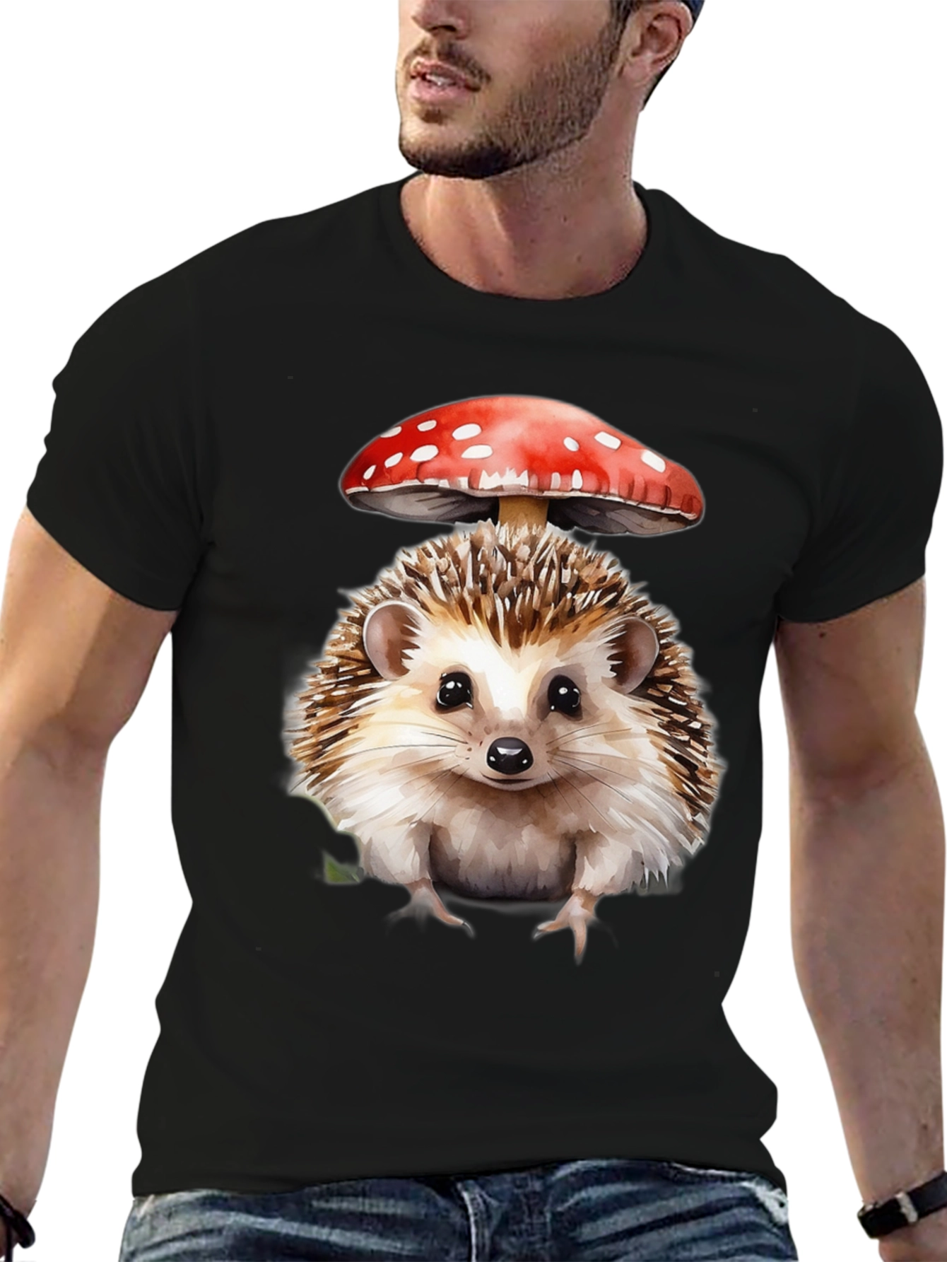 Black Hedgehog Mushroom Graphic Tee - Nature Lover's Shirt view 6