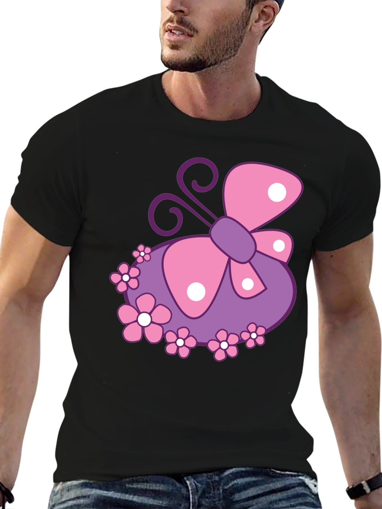 Black Butterfly & Flowers Graphic Black T-Shirt view 6