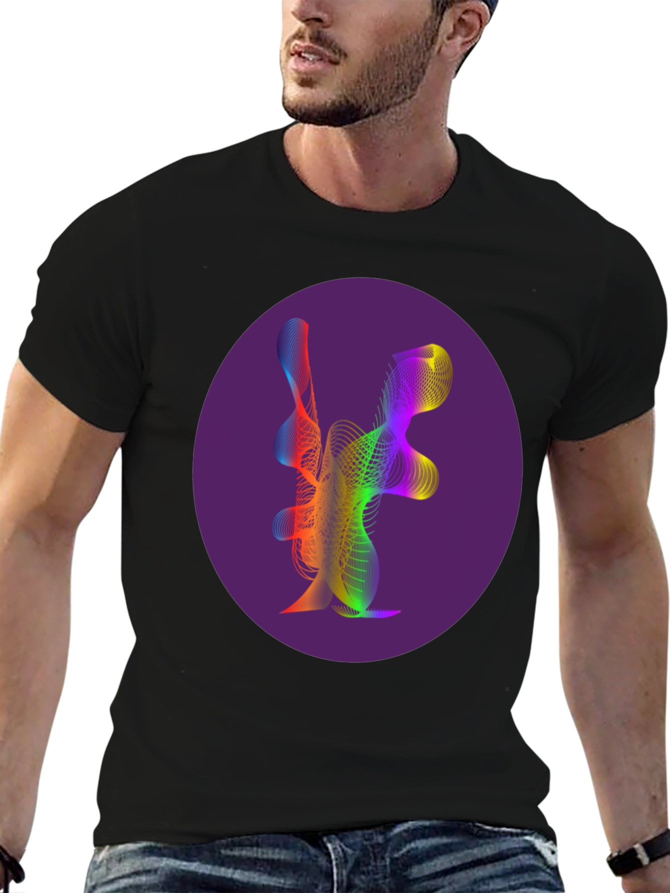 Black Abstract Rainbow Wave Graphic Tee view 6