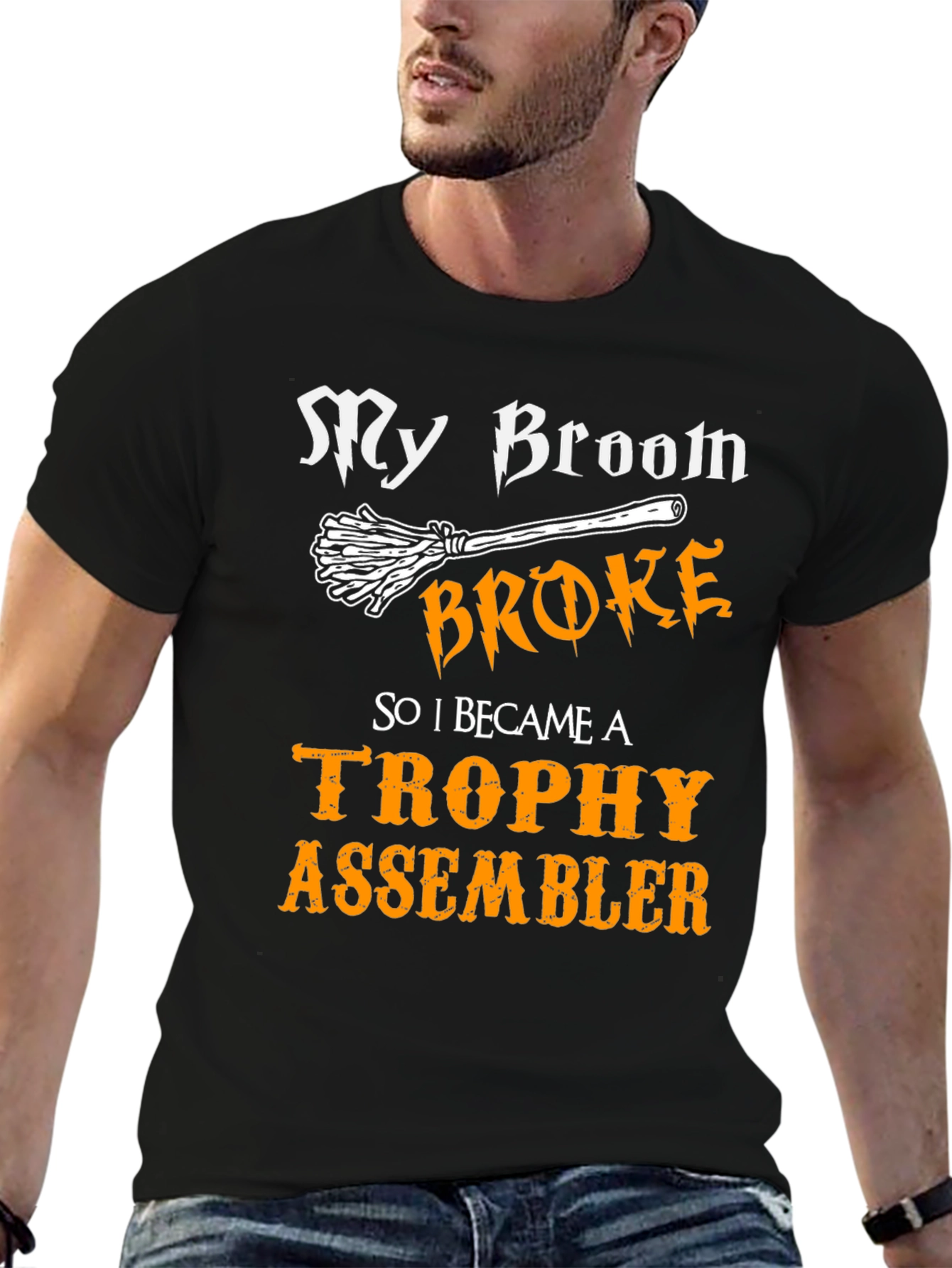 Black My Broom Broke Trophy Assembler Graphic Tee view 6