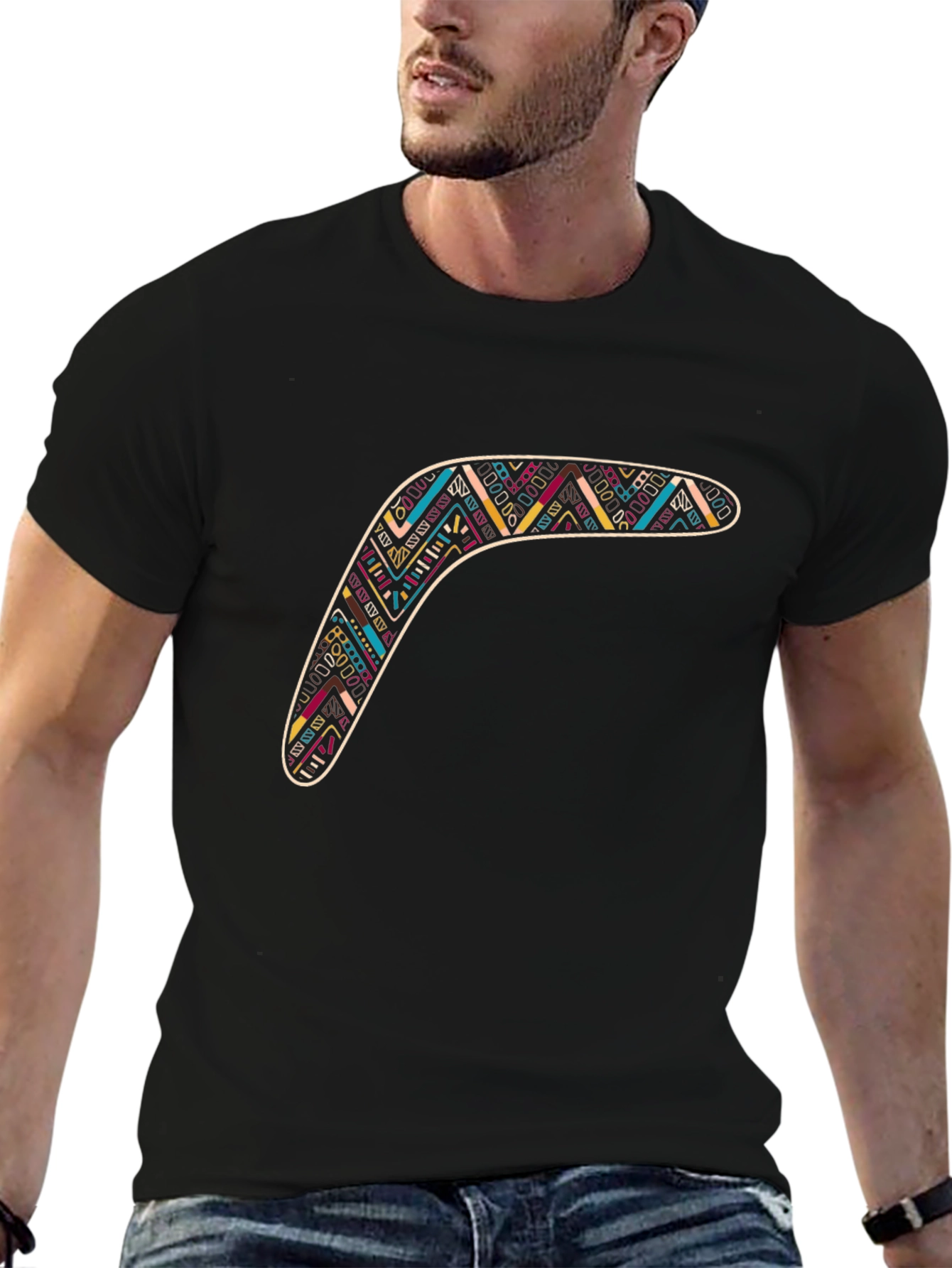 Black Boomerang Graphic Tee - Stylish Tribal Design view 6