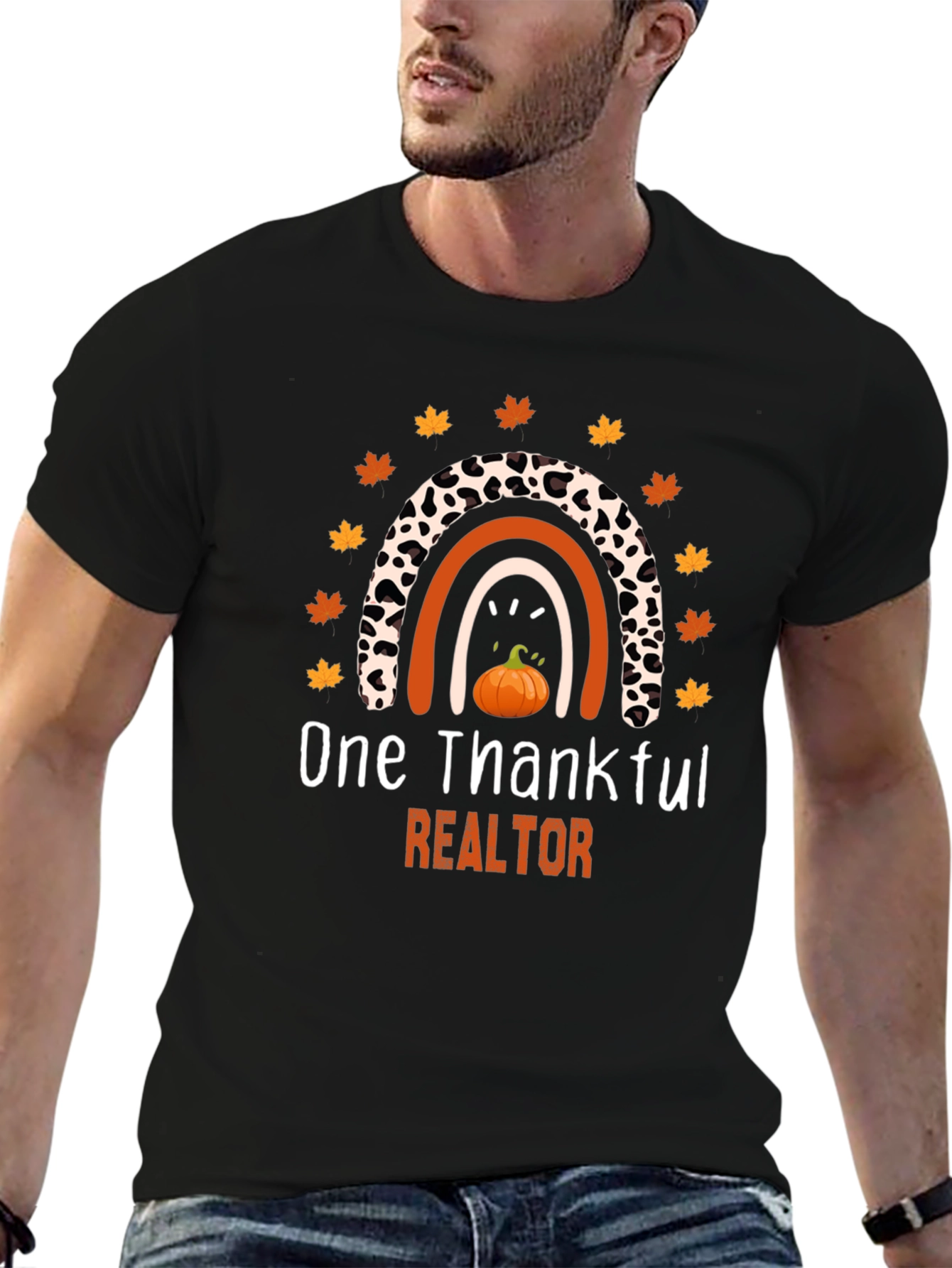 Black Thankful Realtor T-Shirt - Fall Rainbow Pumpkin Tee view 6