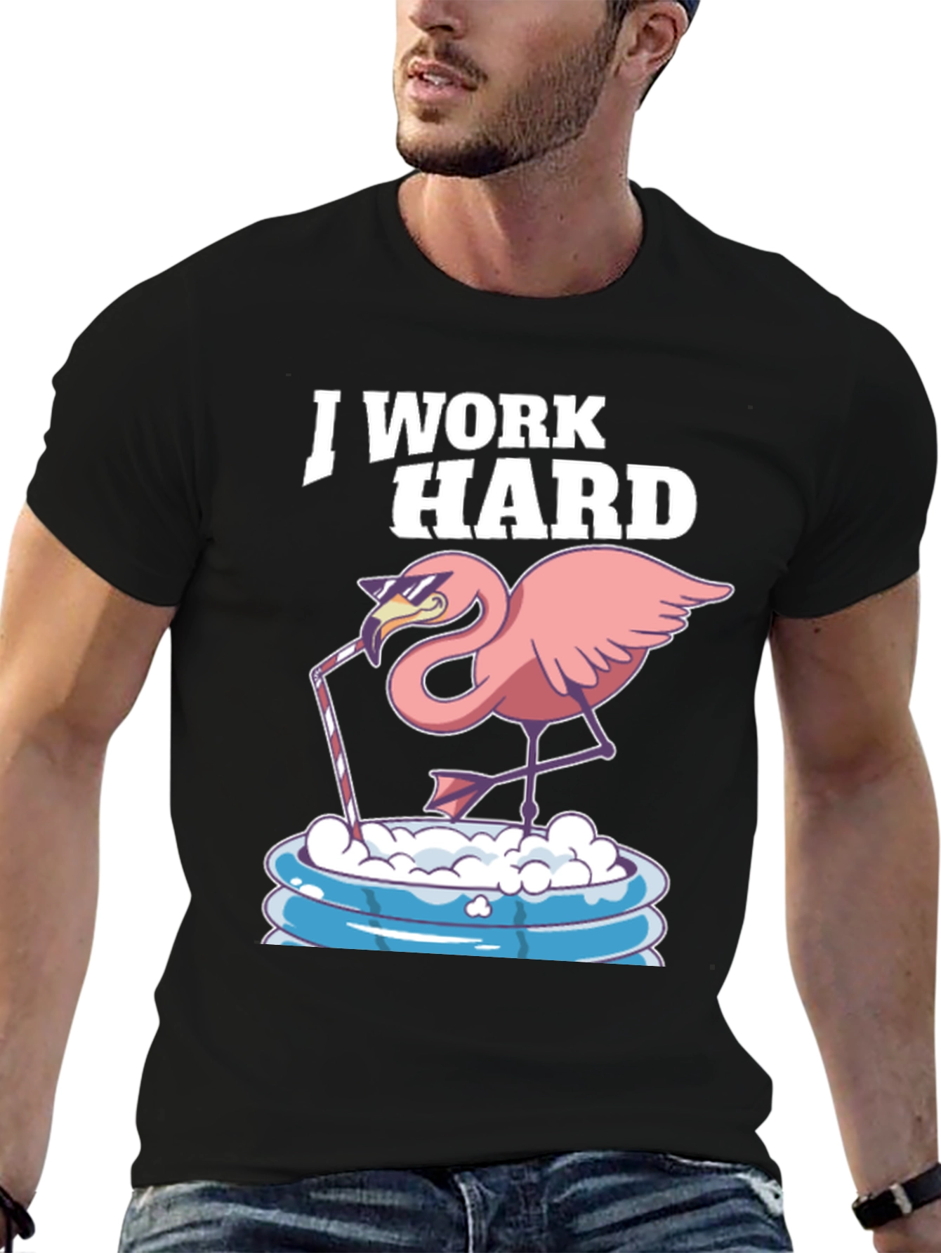 Black I Work Hard Flamingo T-Shirt - Relaxed Poolside Style view 6