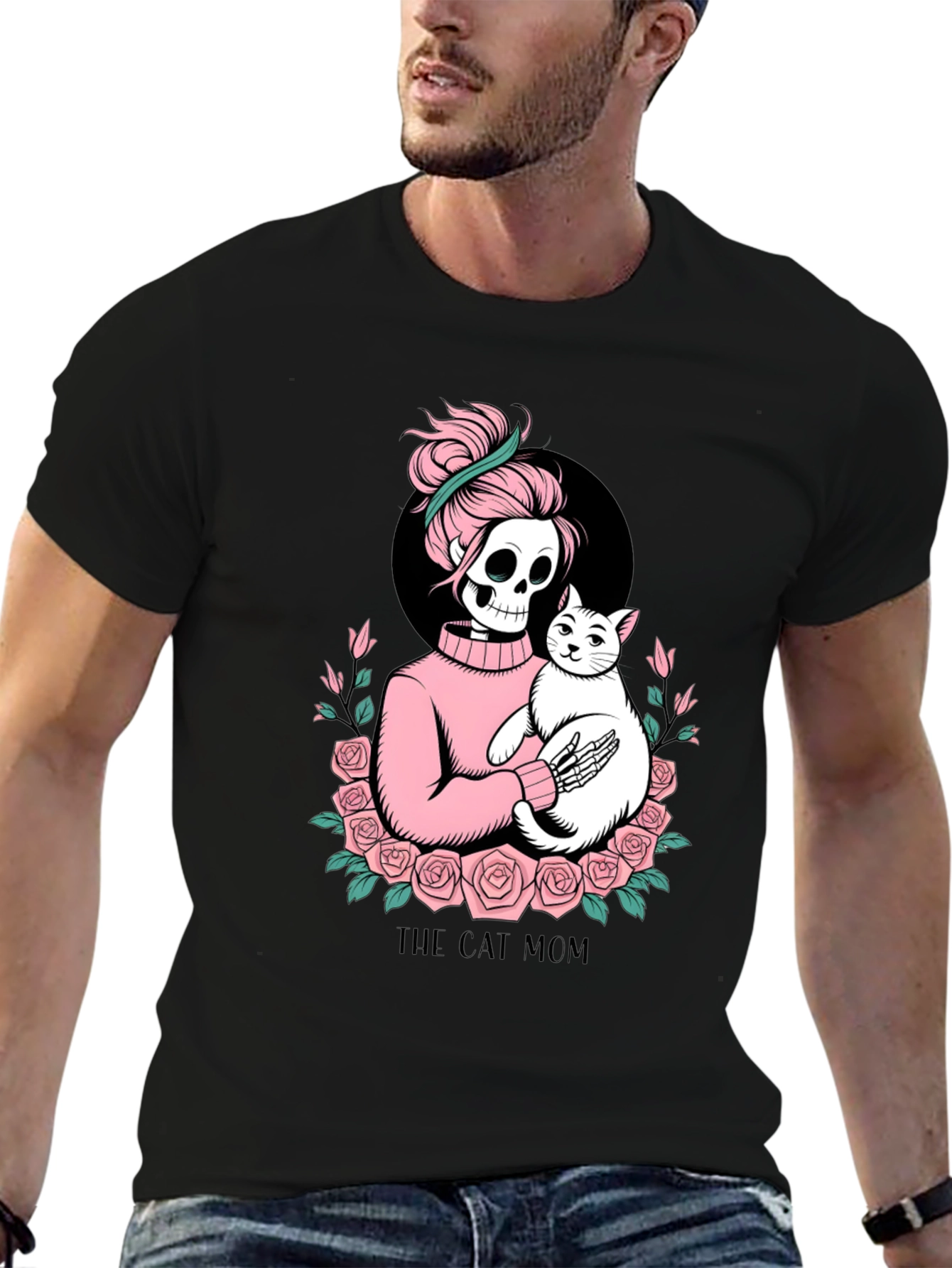 Black Skeleton Cat Mom Graphic Tee - Black view 6