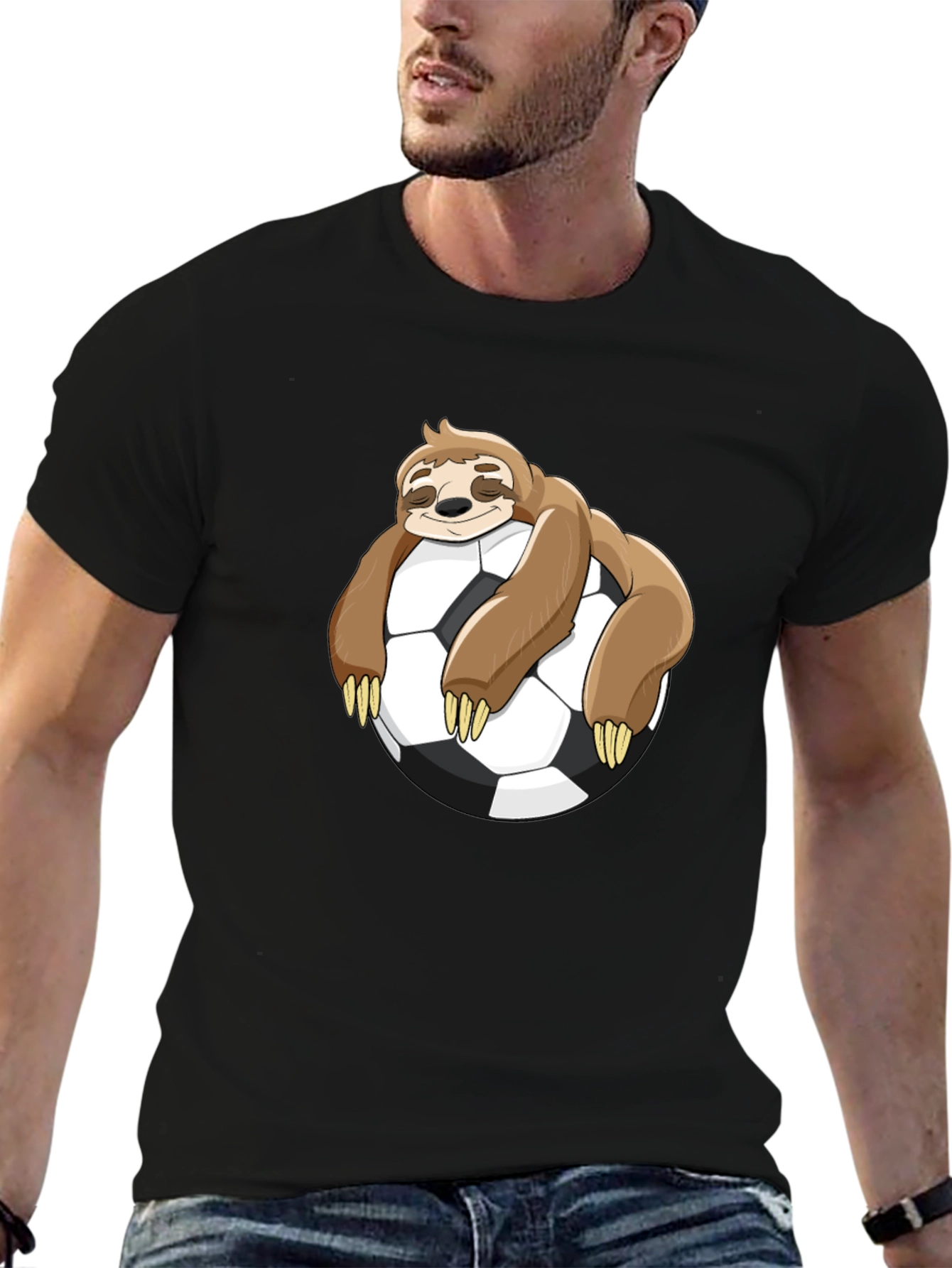 Black Sloth Soccer T-Shirt - Funny Cartoon Sloth on Soccer Ball view 6