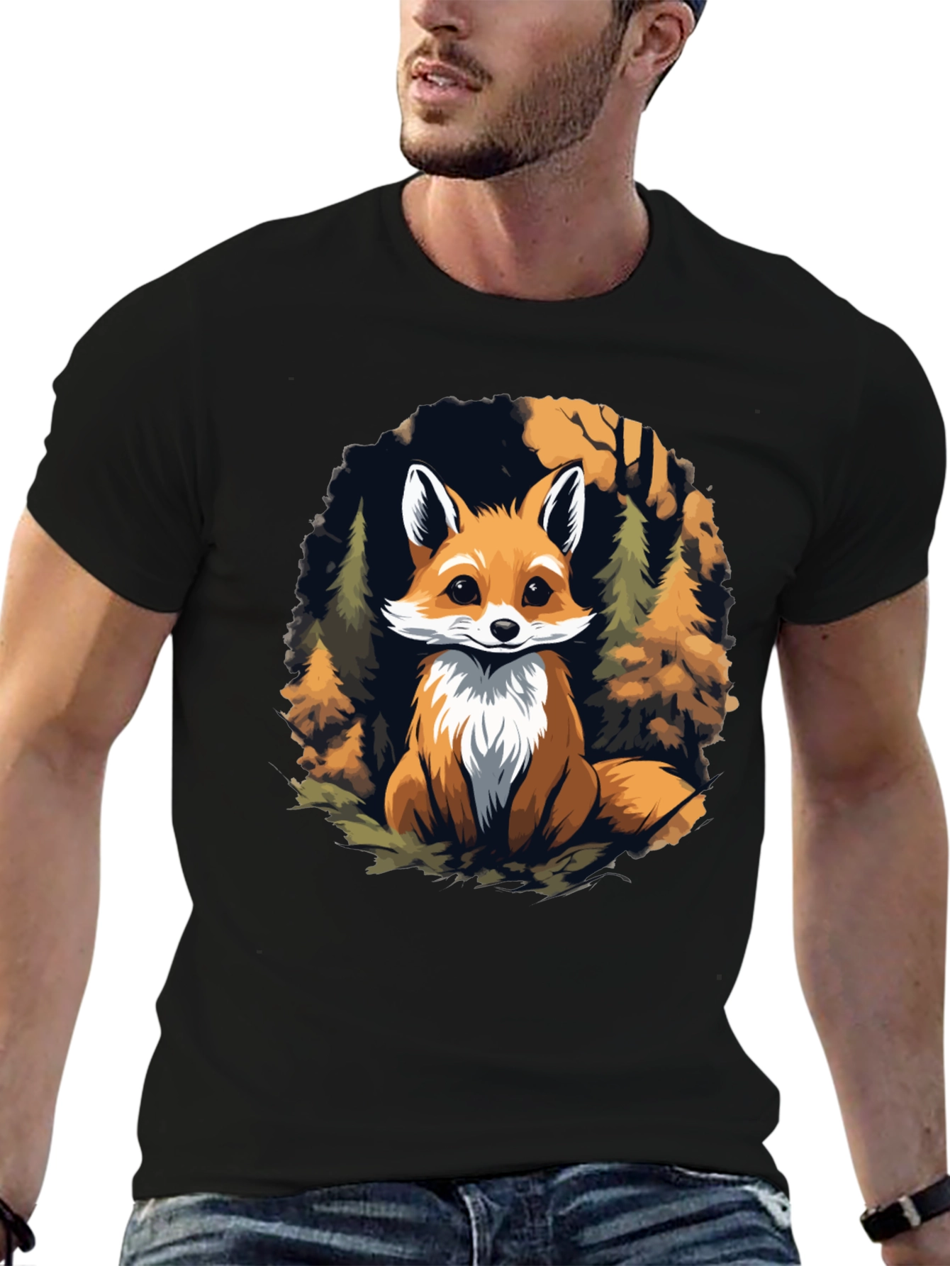 Black Fox in Forest Graphic Print Black T-Shirt view 6