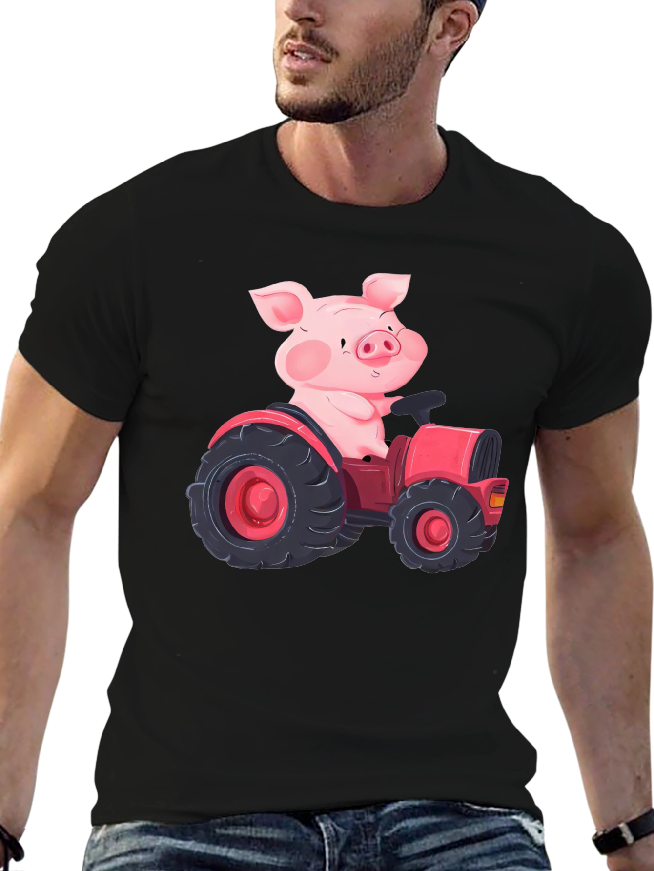 Black Pig Driving Tractor Graphic T-Shirt view 6