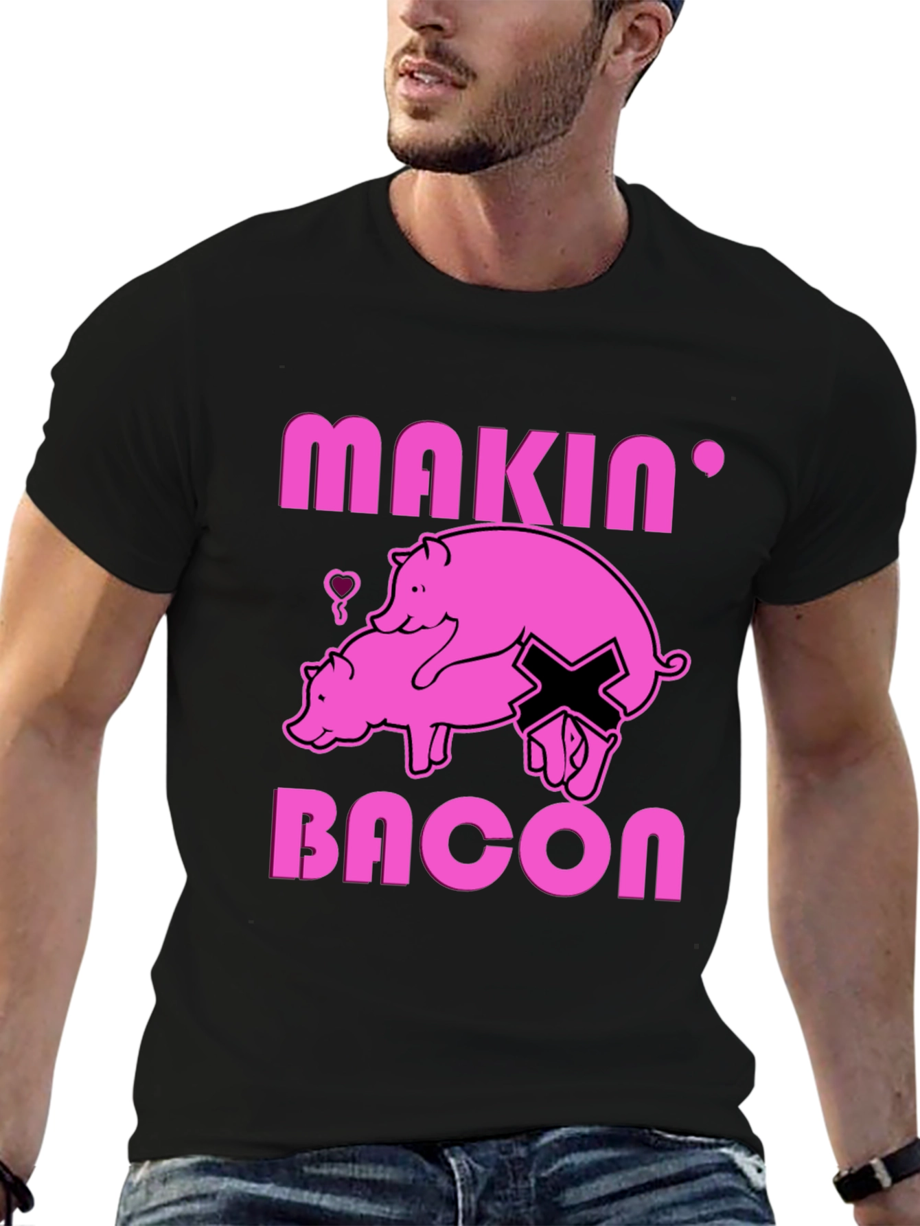 Black Makin' Bacon Graphic T-Shirt - Funny Pig Design view 6