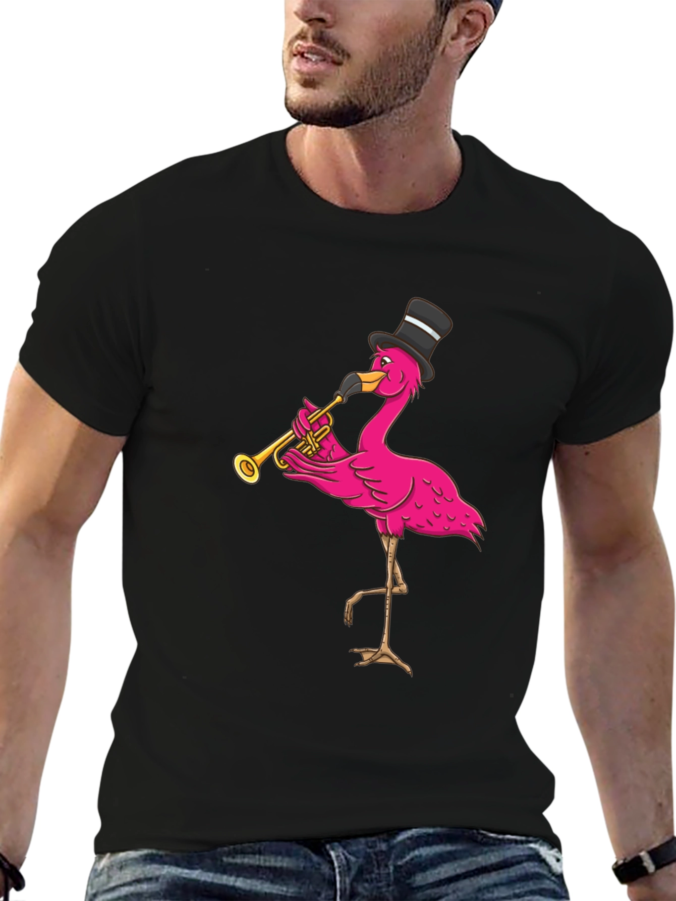 Black Flamingo Trumpet Player T-Shirt - Novelty Graphic Tee view 6