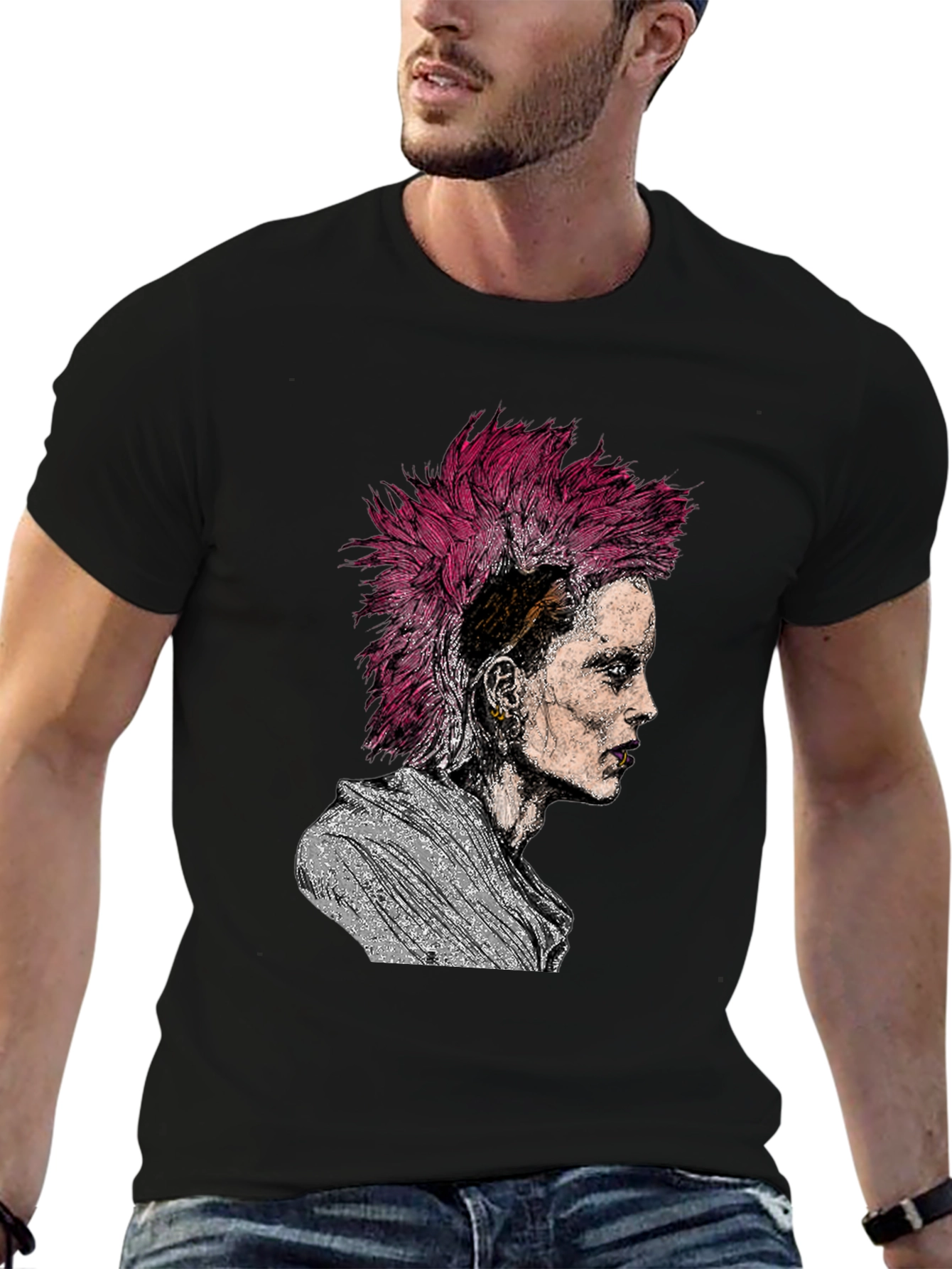 Black Punk Rock Portrait Graphic Tee - Black view 6