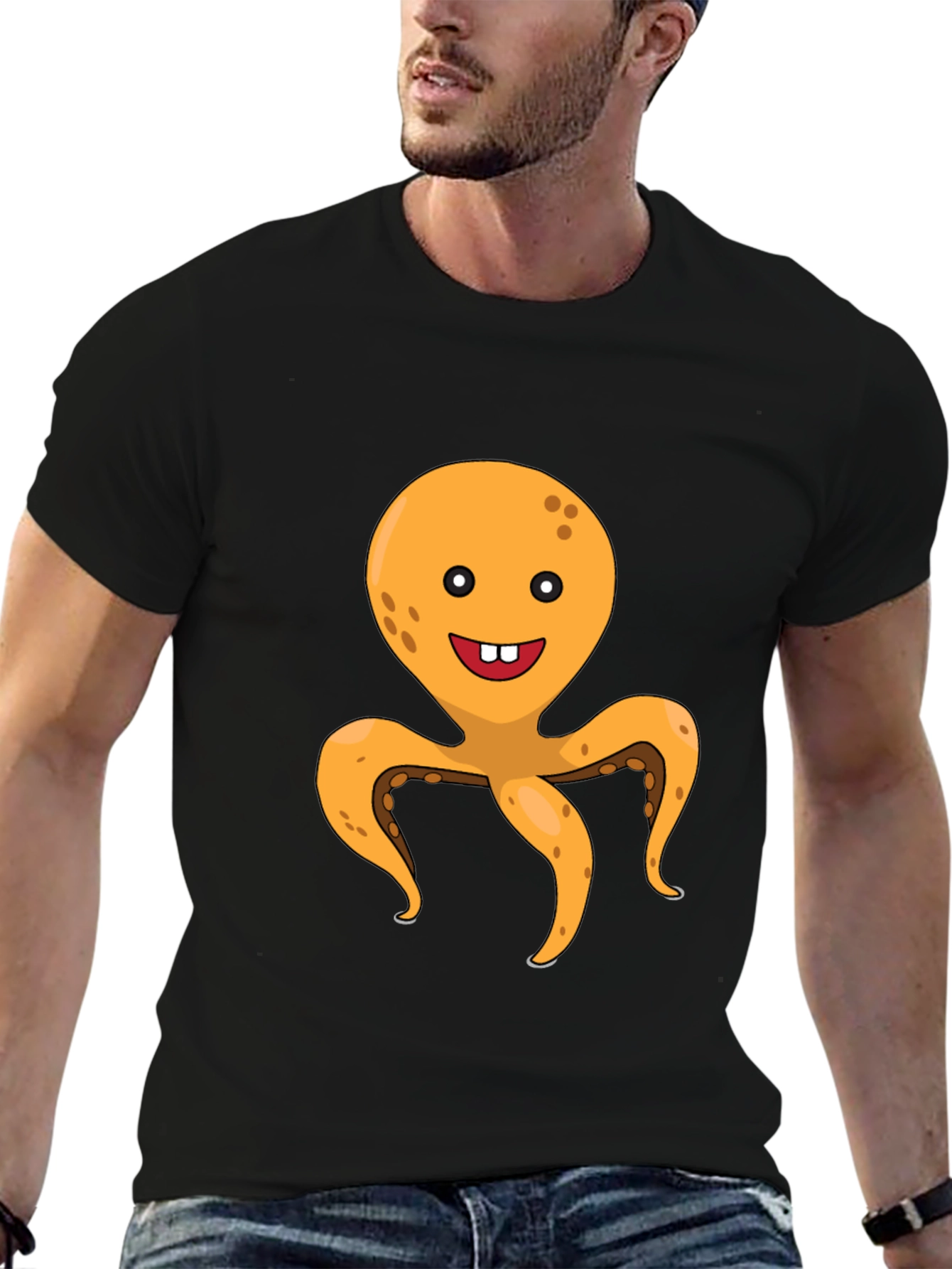 Black Cute Octopus Graphic Tee - Black Cotton T-Shirt view 6