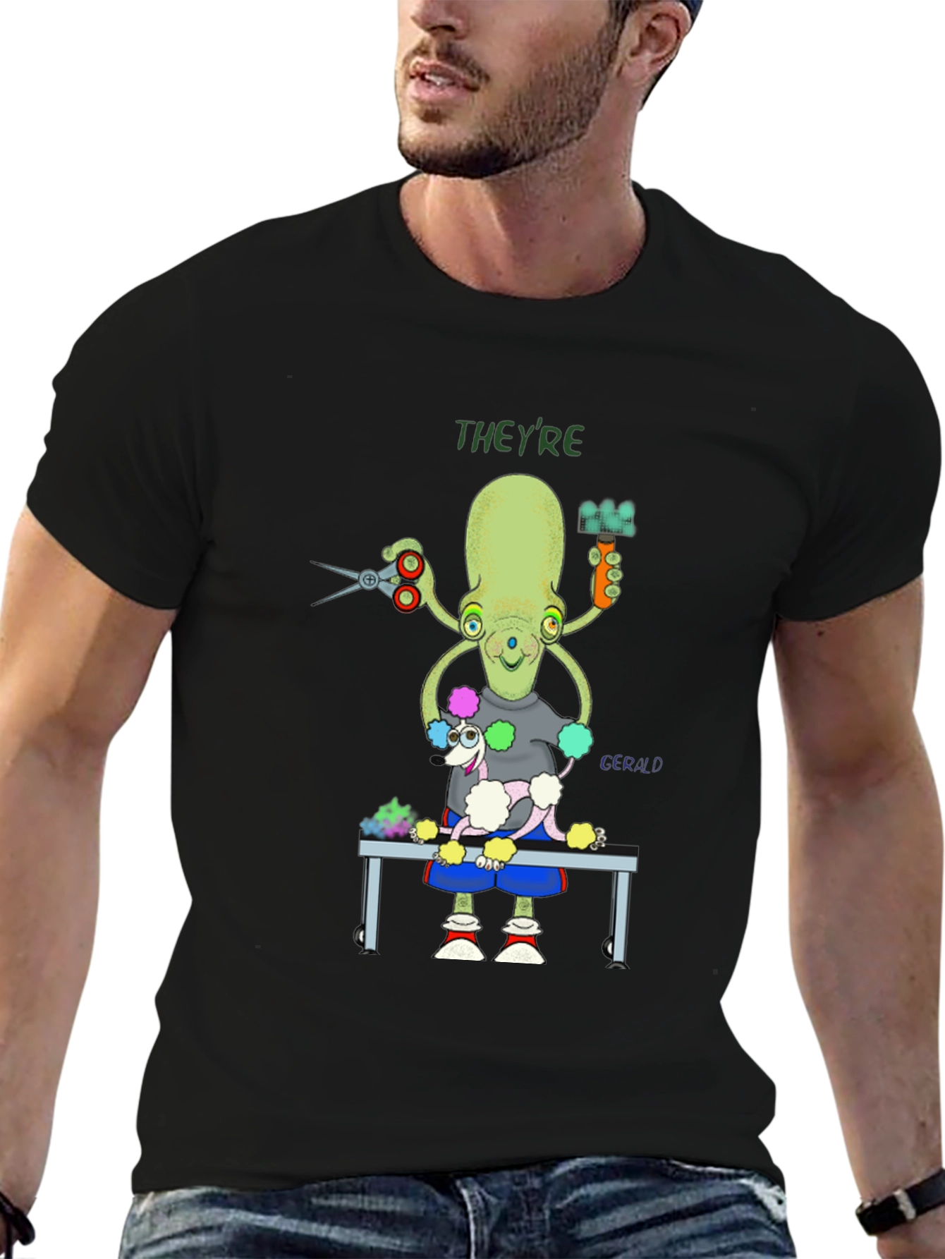 Black Octopus Dog Groomer Graphic T-Shirt view 6