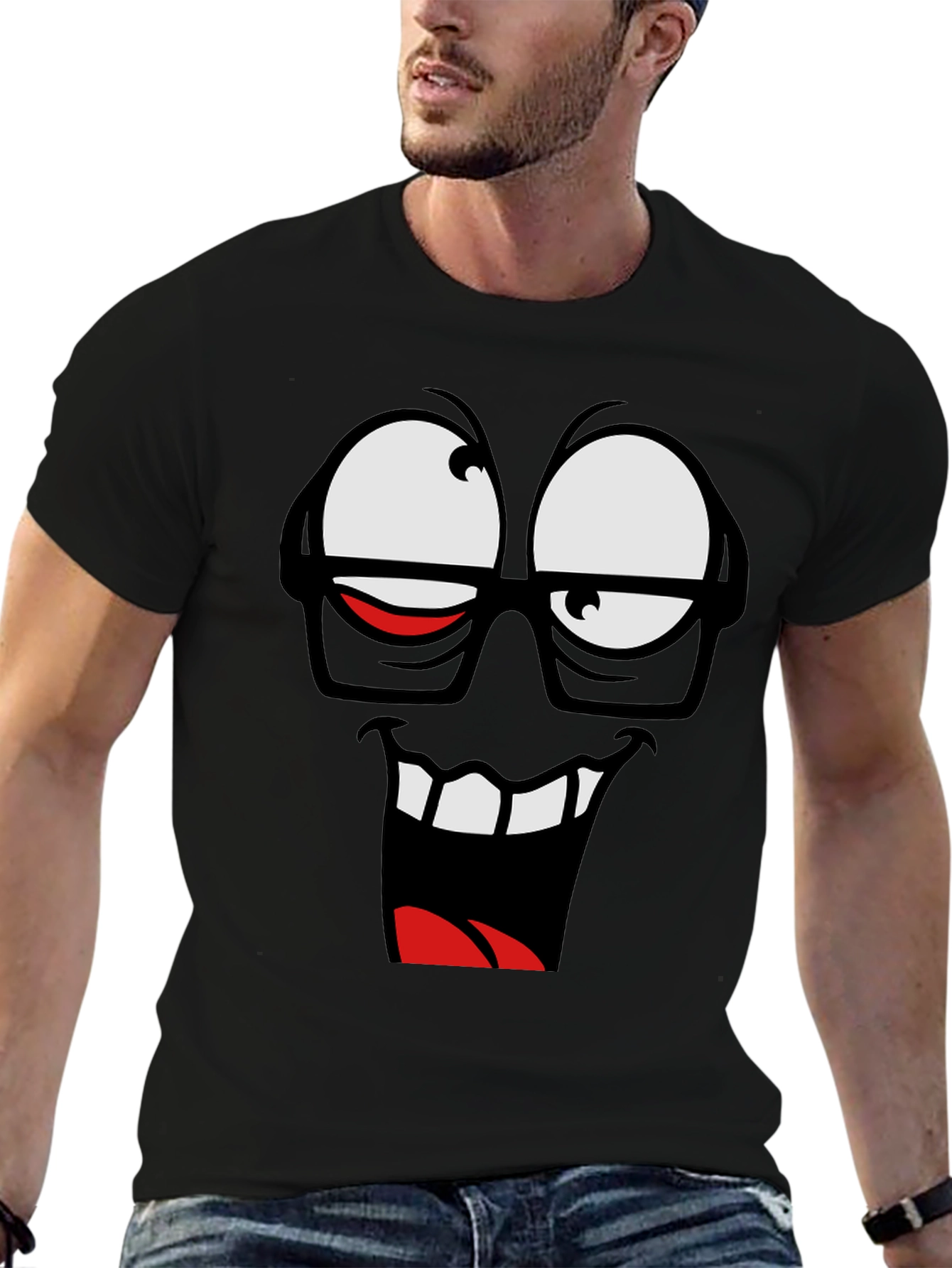 Black Funny Face Graphic T-Shirt - Black Crew Neck Tee view 6