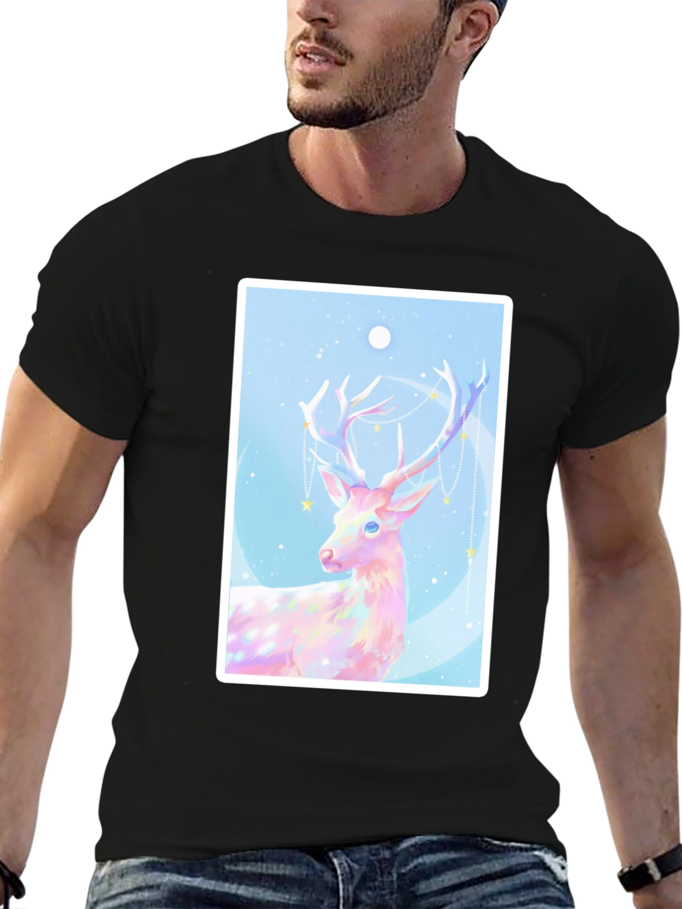 Black Mystical Deer Graphic Tee - Black Cotton Blend view 6
