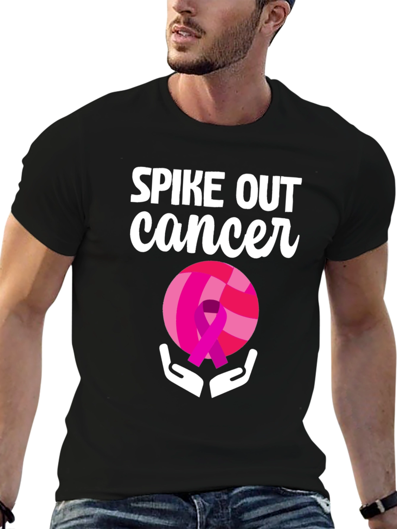 Black Spike Out Cancer Volleyball T-Shirt view 6