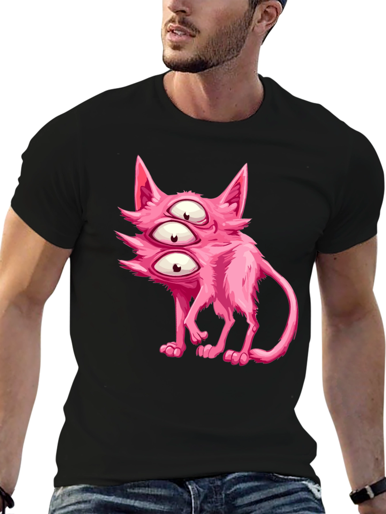 Black Three-Eyed Pink Monster Cat Graphic Tee view 6