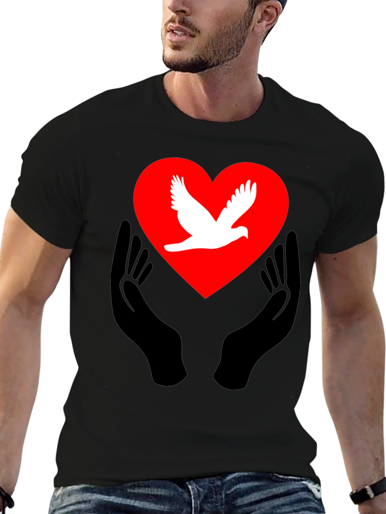 Black Peace Dove Heart Graphic Tee - Black Unisex T-Shirt view 6
