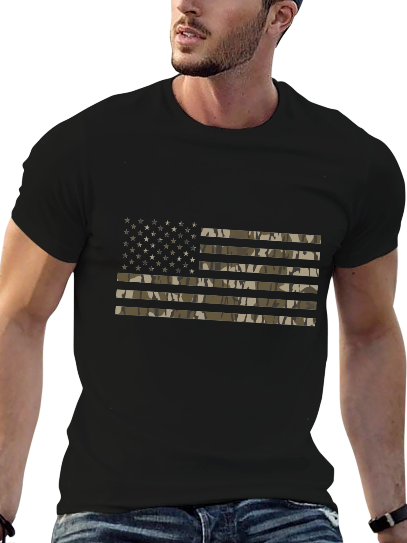 Black Camouflage American Flag Men's Black T-Shirt view 6