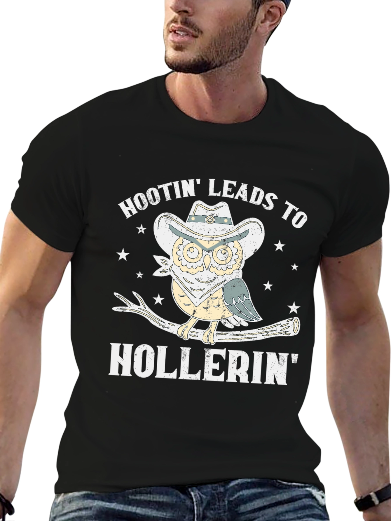Black Hootin' Leads To Hollerin' Owl Cowboy T-Shirt view 6