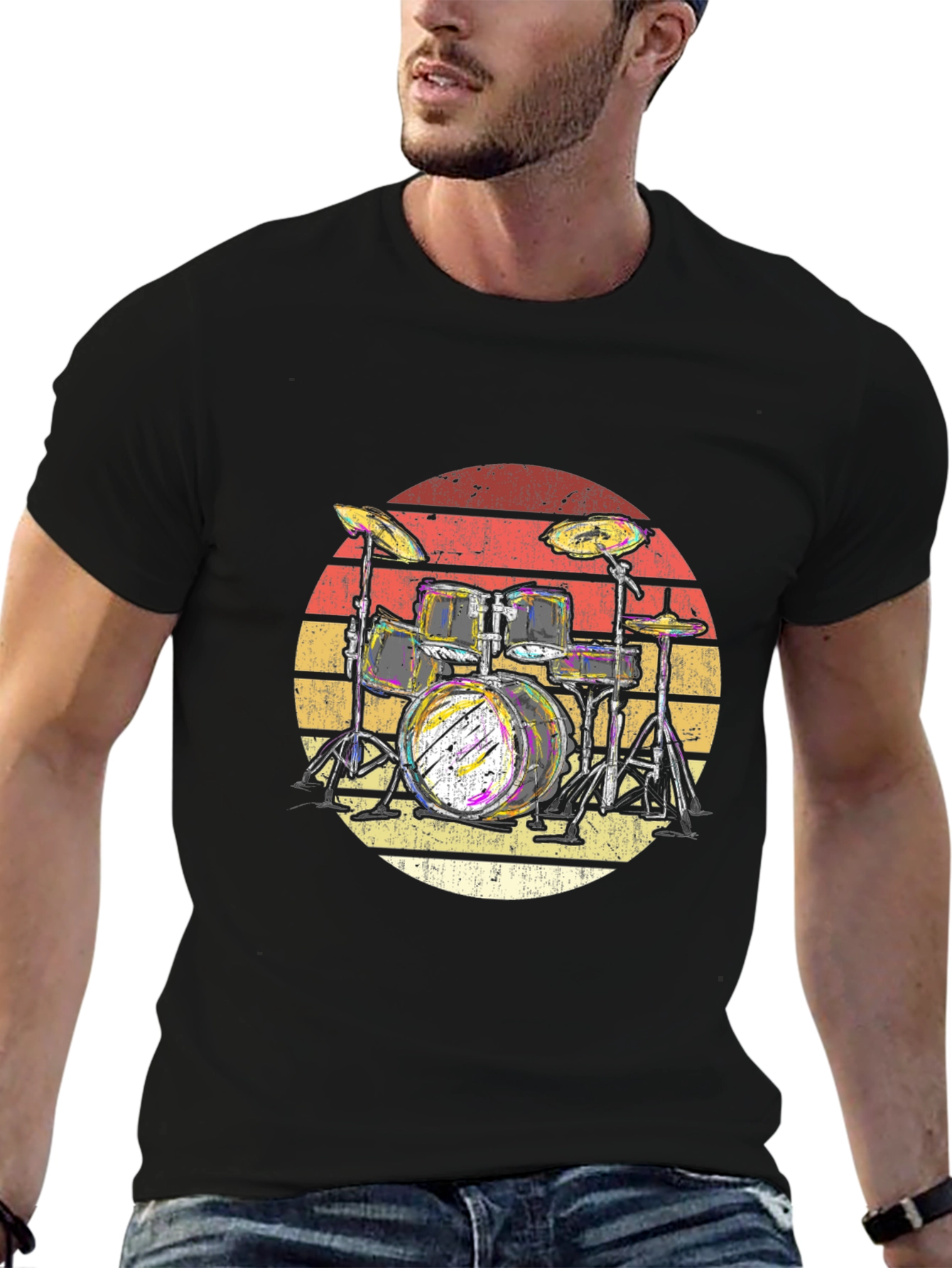 Black Retro Drum Kit T-Shirt - Musician Graphic Tee view 6