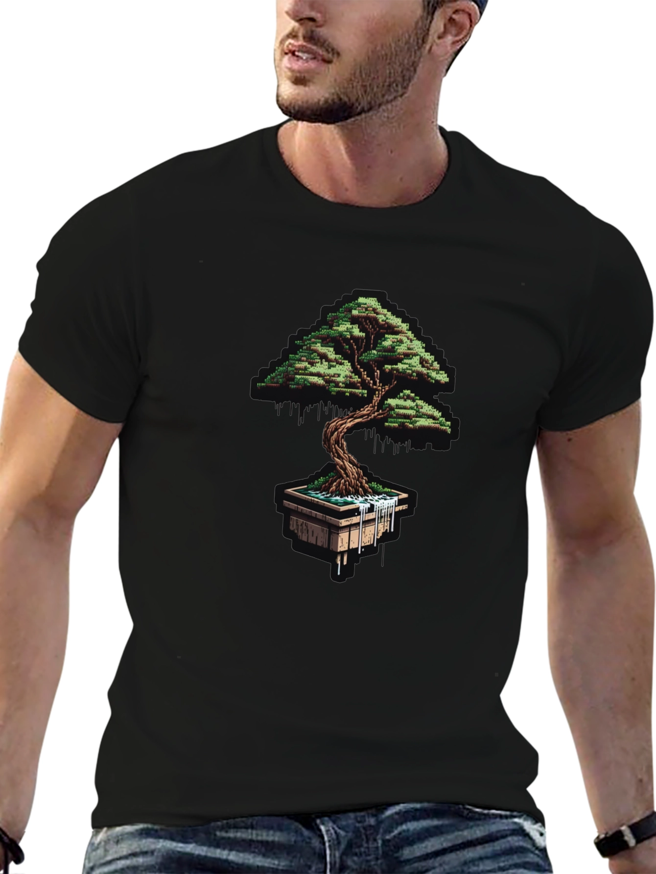 Black Pixel Art Bonsai Tree Black T-Shirt view 6