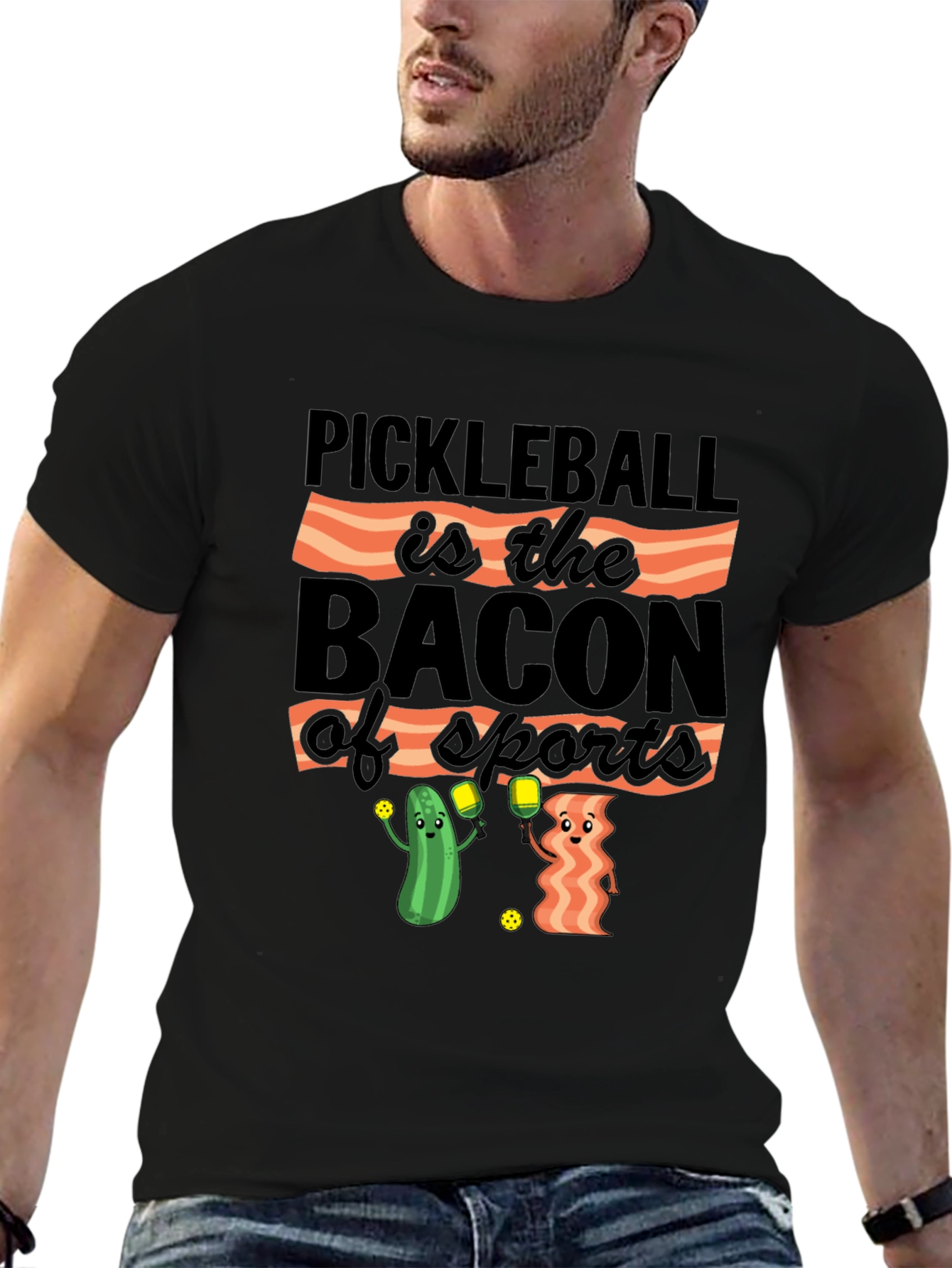 Black Pickleball & Bacon T-Shirt: Sports Humor Tee view 6