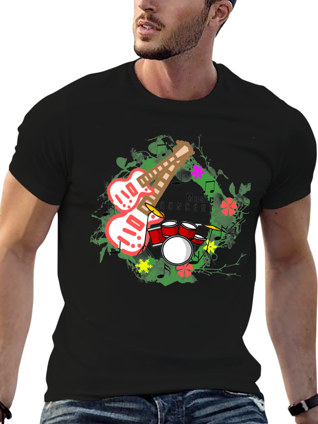 Black Music Concert Guitar Drum Graphic T-Shirt view 6