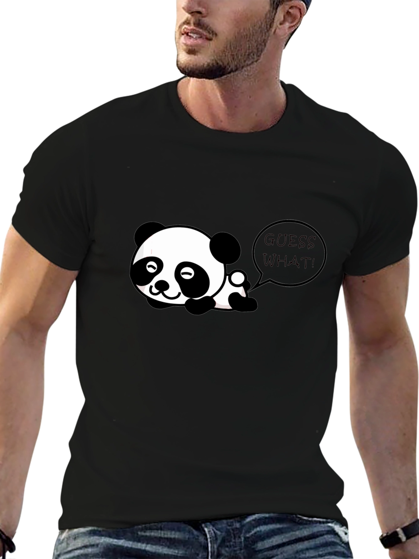 Black Cute Panda "Guess What!" Black T-Shirt view 6