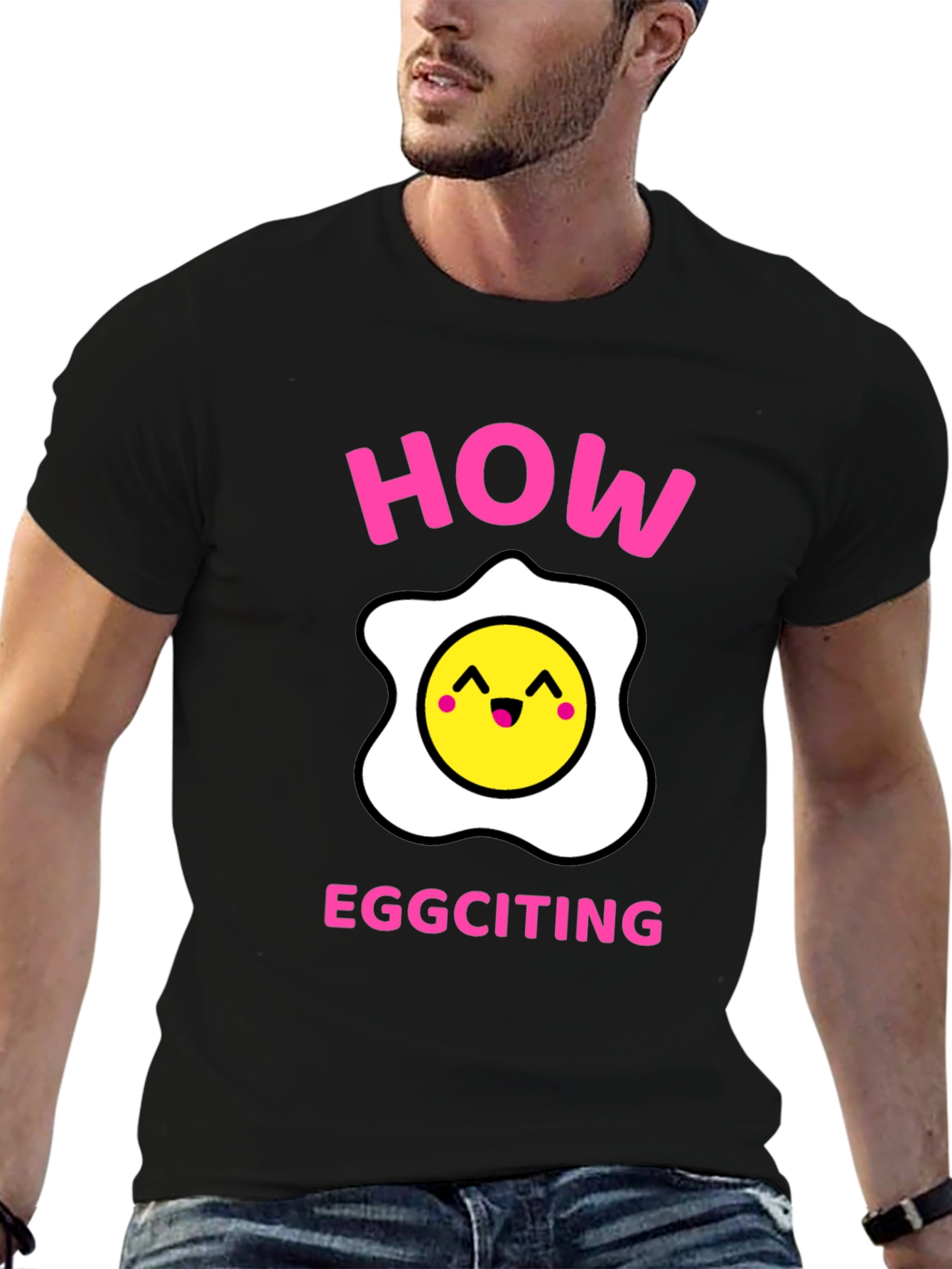 Black How Eggciting! Novelty T-Shirt - Funny Egg Pun Tee view 6