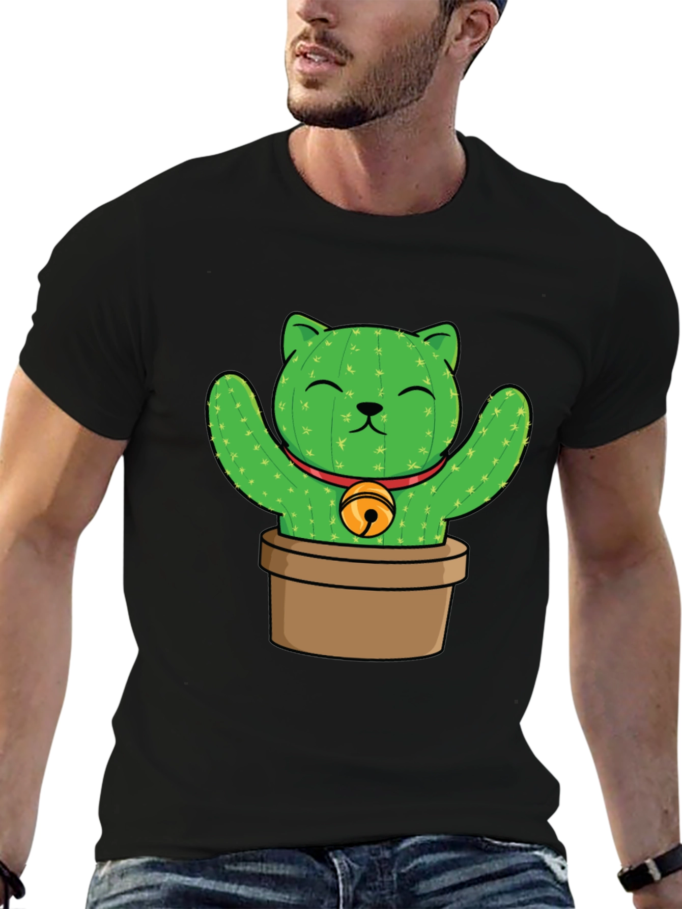 Black Cactus Cat T-Shirt - Funny Plant Lover Tee view 6