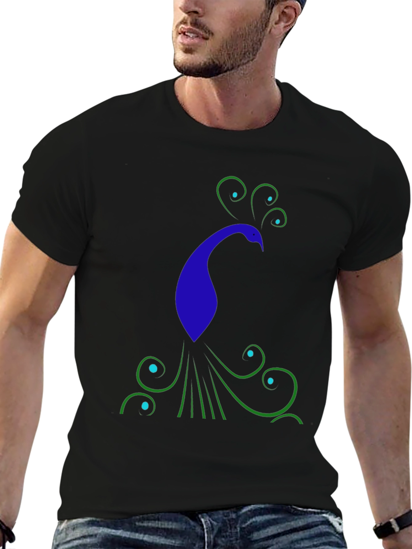 Black Stylish Peacock Graphic Print Black T-Shirt view 6