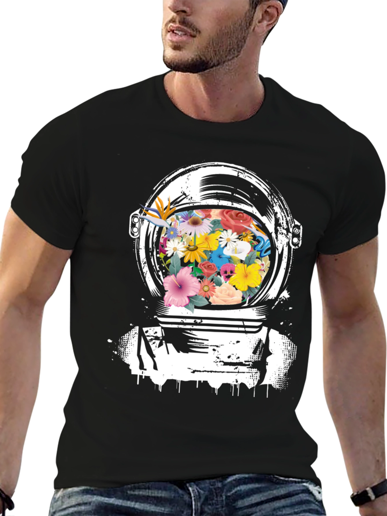 Black Floral Astronaut Helmet Graphic Tee - Black view 6