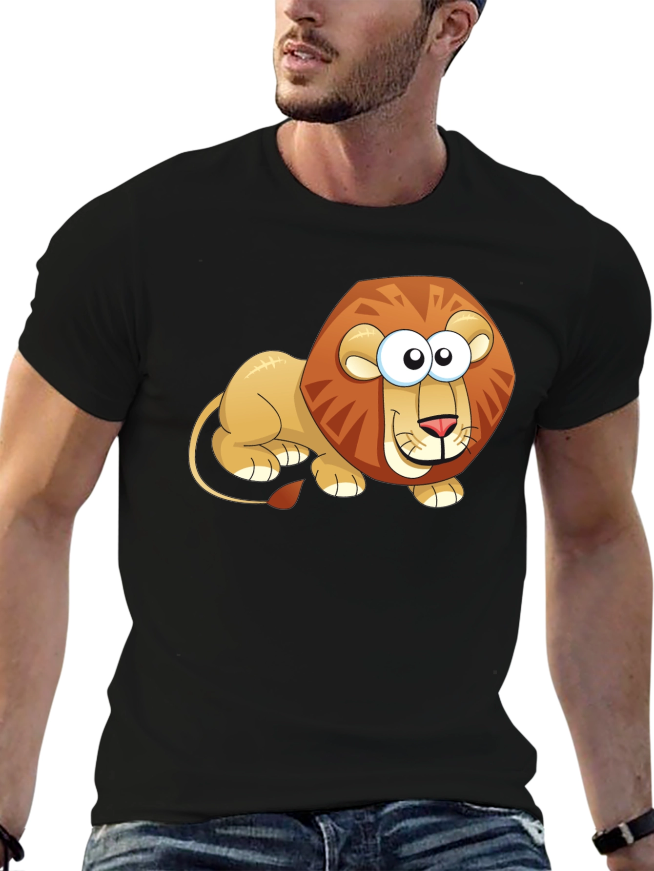 Black Cartoon Lion Graphic T-Shirt - Casual Black Tee view 6