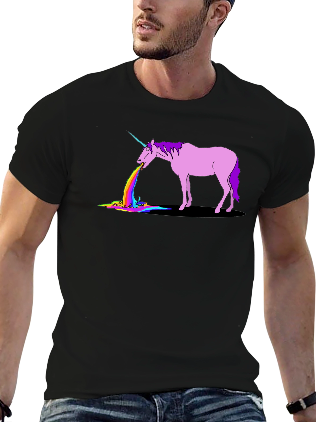 Black Unicorn Rainbow Puke Graphic T-Shirt view 6