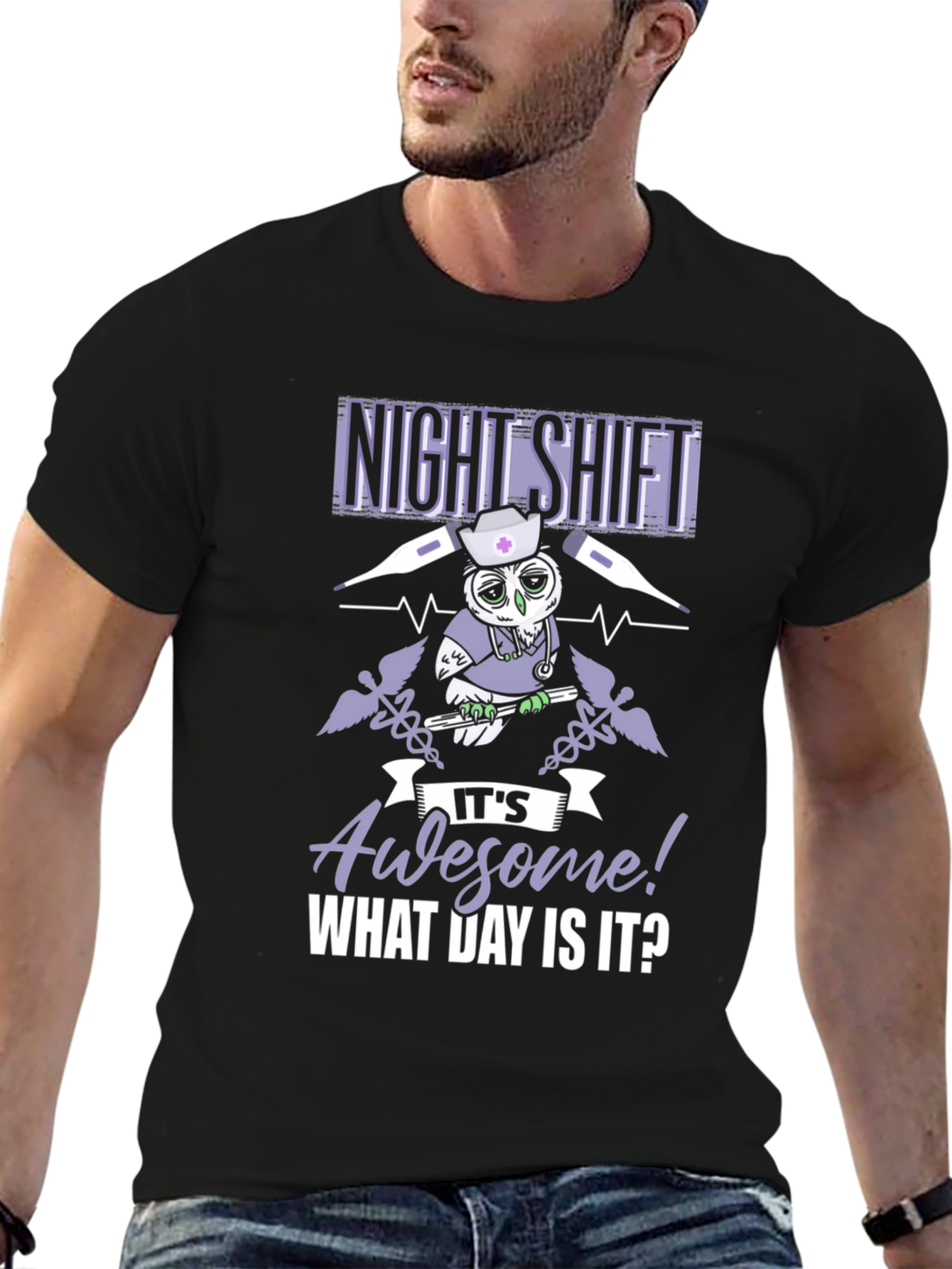 Black Night Shift Nurse Owl Graphic T-Shirt view 6